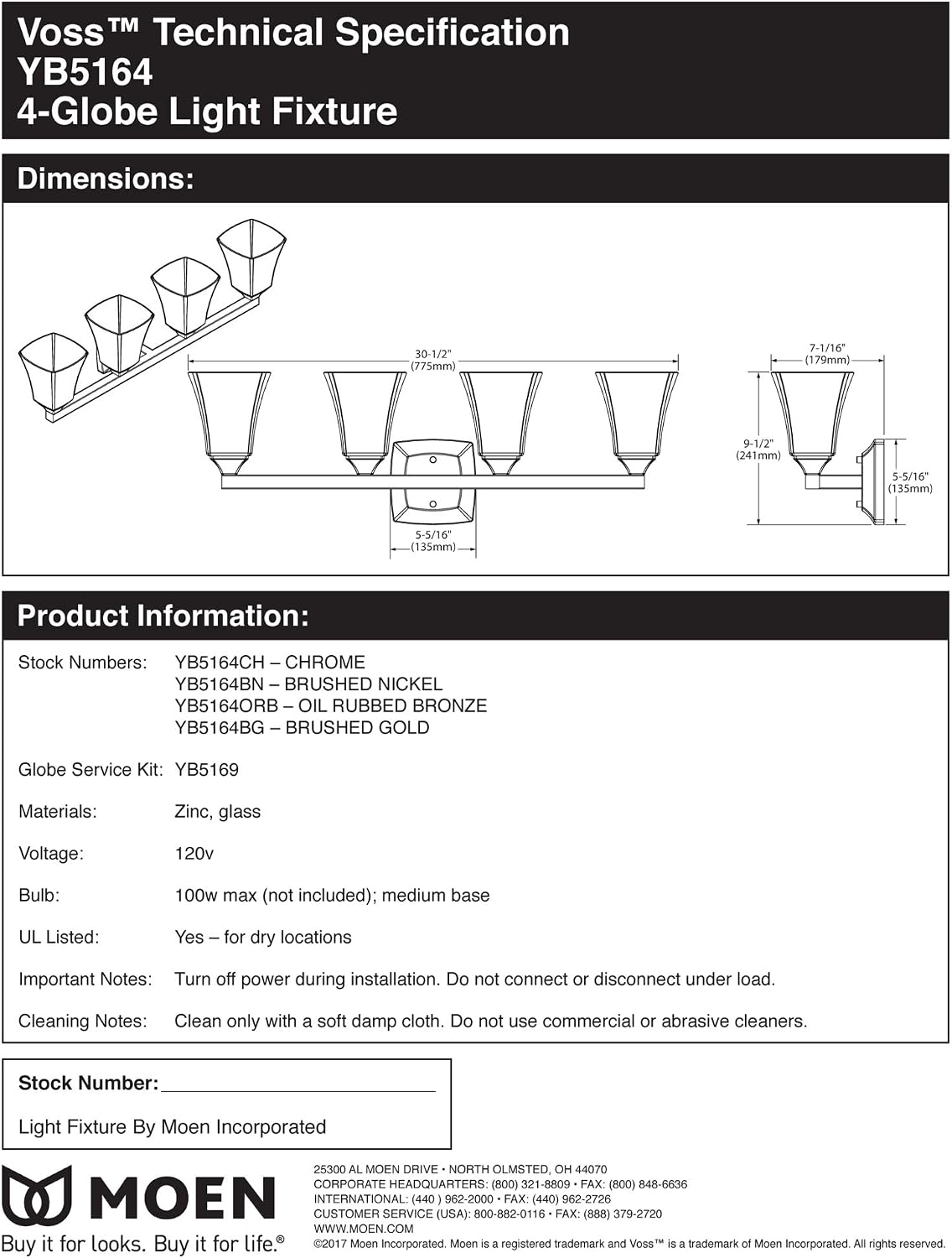 Moen YB5164NL Voss 4-Light Dual-Mount Bath Bathroom Vanity Fixture with Frosted Glass, Polished Nickel