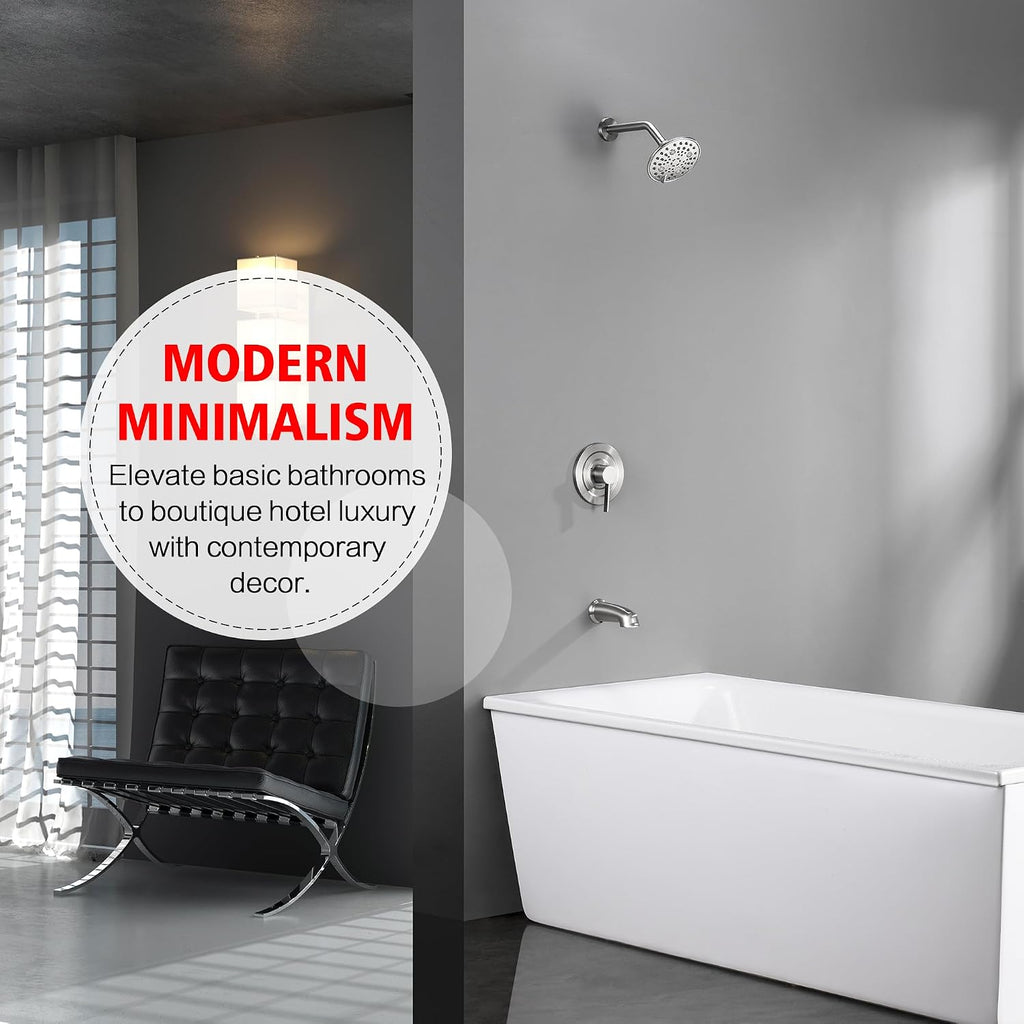 sumerain Brushed Nickel Tub and Shower Faucet Set with Tub Spout, 6-Spray Shower Head, Shower Valve Included
