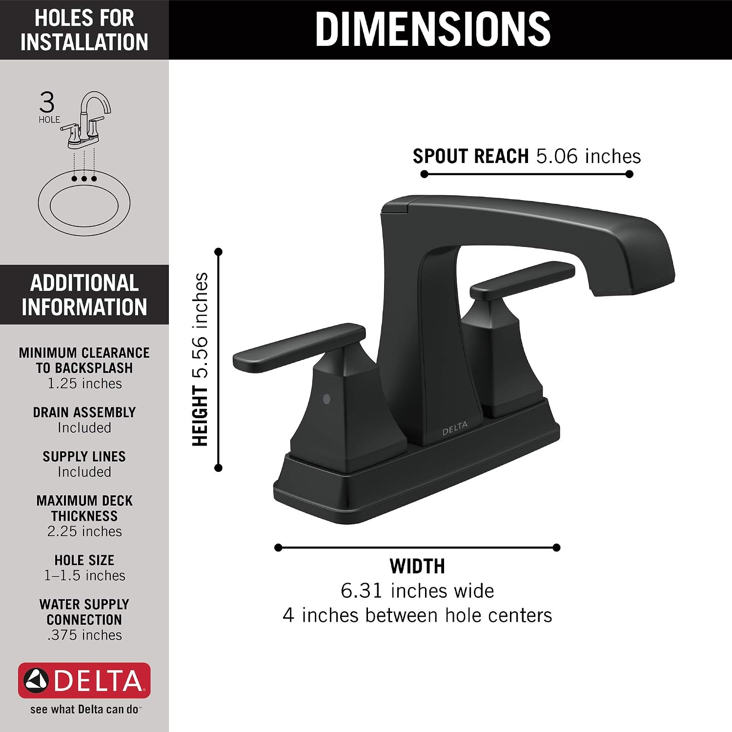 Delta Faucet Ashlyn Centerset Bathroom Faucet, Black Bathroom Sink Faucet, 2 Handle Bathroom Faucet, Diamond Seal Technology, Metal Drain Assembly, Matte Black 2564-BLMPU-DST
