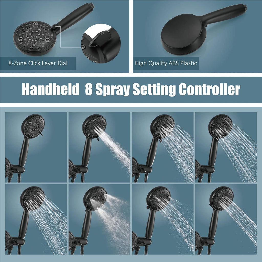 Aolemi Shower Faucet Set with Tub Spout Rain Shower Head System Shower Trim Kit Pressure Rough-in Valve Included ABS 8 Setting Dual Shower Head and Handheld Spray Matte Black