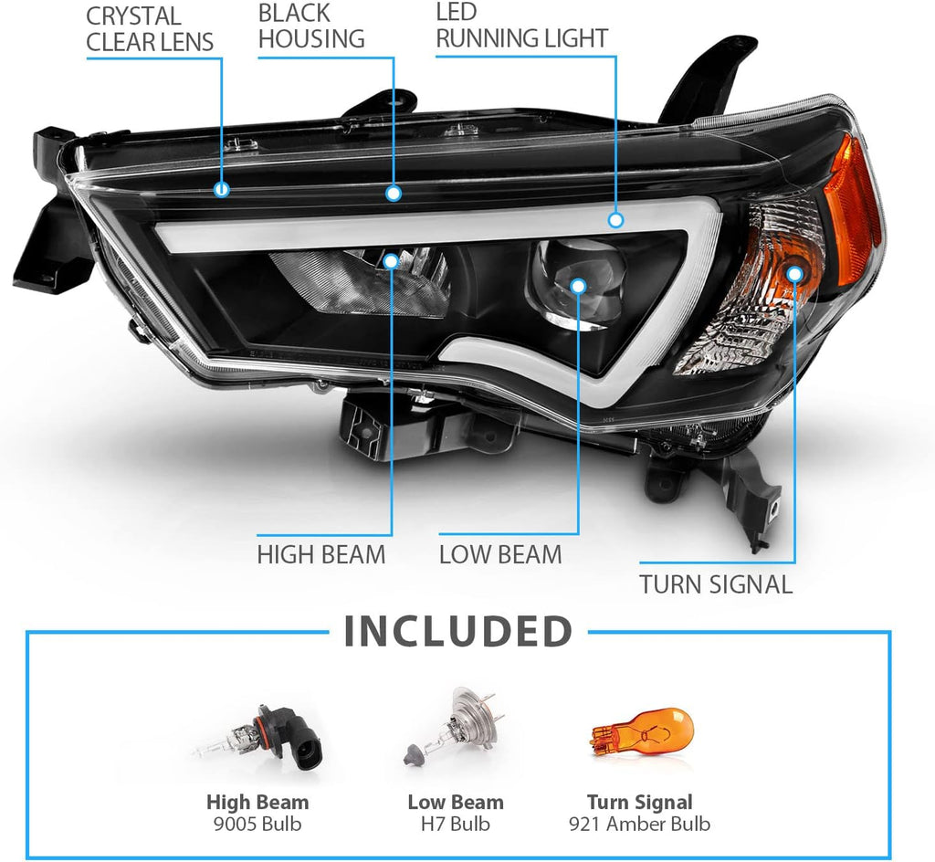 AmeriLite for 2014-2023 Toyota 4-Runner LED Tube Square Projector Black Replacement Headlights Set - Passenger and Driver Side