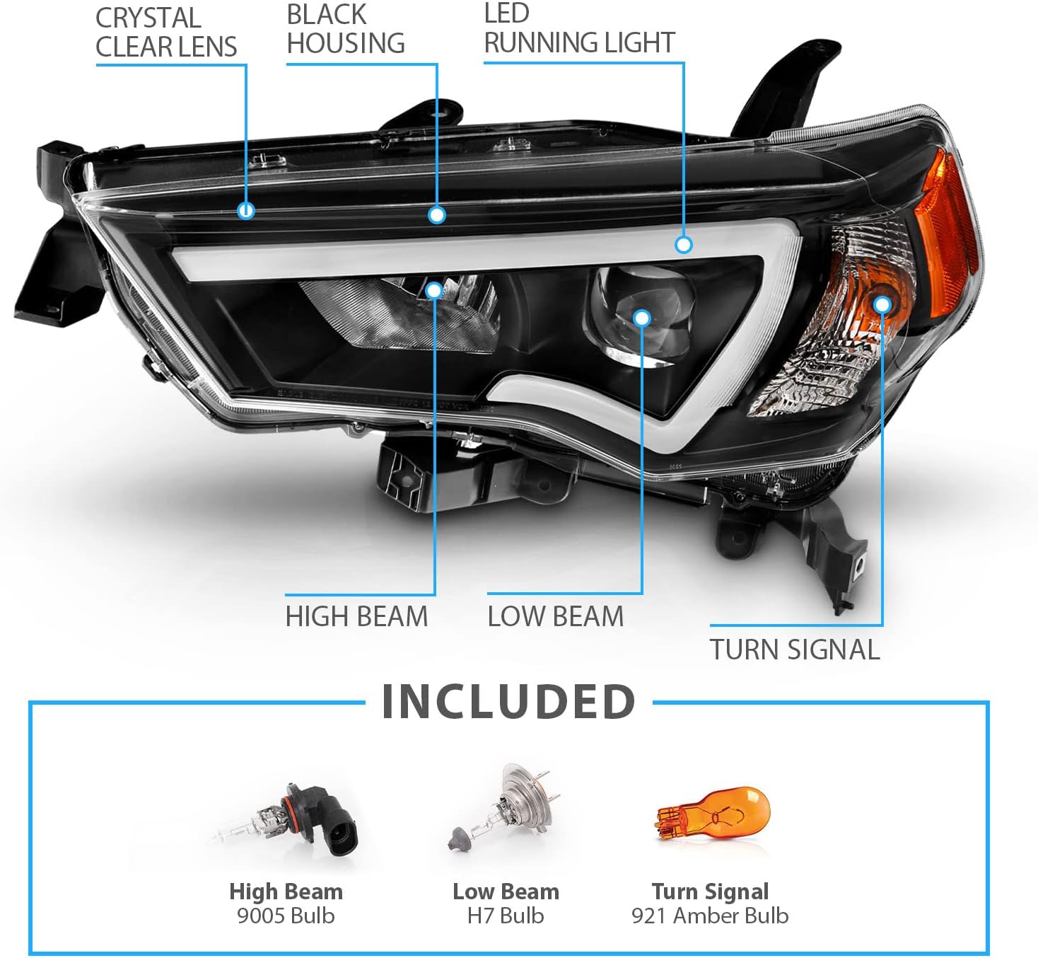 AmeriLite for 2014-2023 Toyota 4-Runner LED Tube Square Projector Black Replacement Headlights Set - Passenger and Driver Side