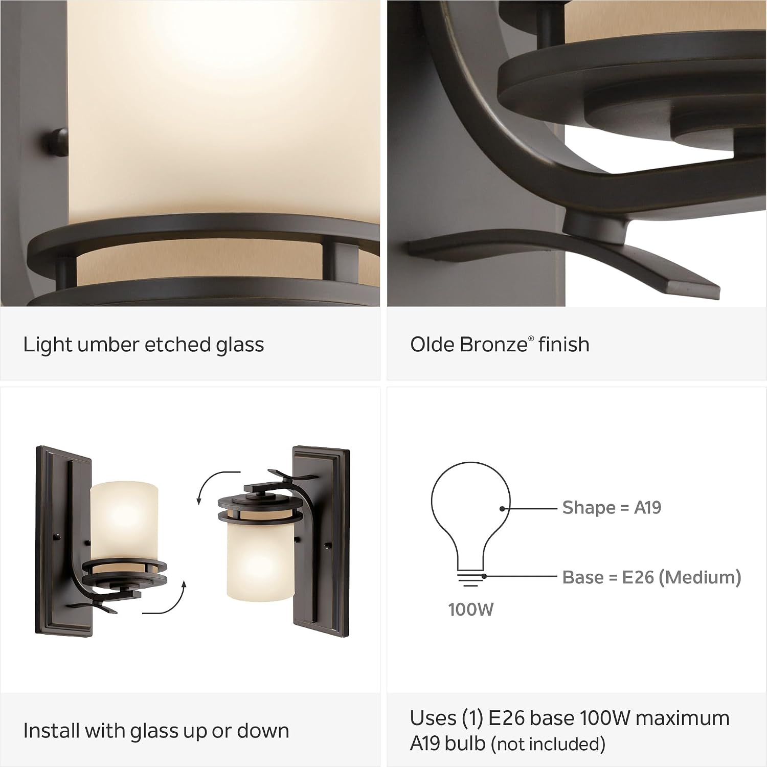 Kichler Hendrik 12' Wall Light Fixture in Olde Bronze with Umber Etched Glass, 1-Light Wall Lamp for Bedroom or Living Room, 5076OZ