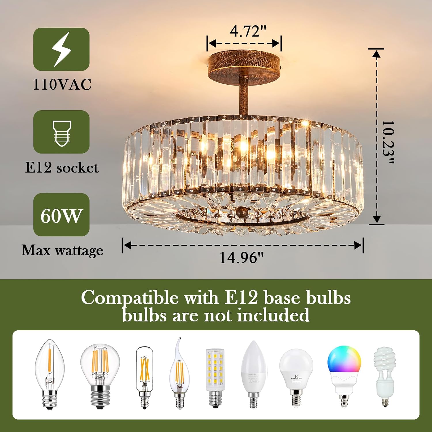 Piepooye 4 Lights Modern Crystal Chandelier Oil Rubbed Bronze Round Semi Flush Mount Ceiling Light Fixture Farmhouse Chandelier for Dinning Room Living Room Bedroom Hallway Entryway Kitchen