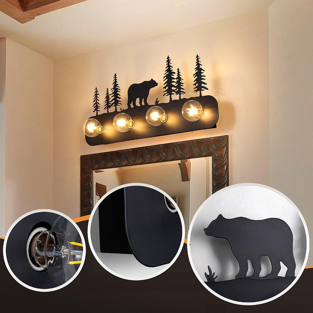 TOCHIC Rustic Bathroom Light Fixtures, 4 Lights Farmhouse Bathroom Vanity Light Over Mirror Dimmable, Western Bear Sconces Wall Lighting for Mirror Cabinets, Powder Room, Living Room, Black, 26'L