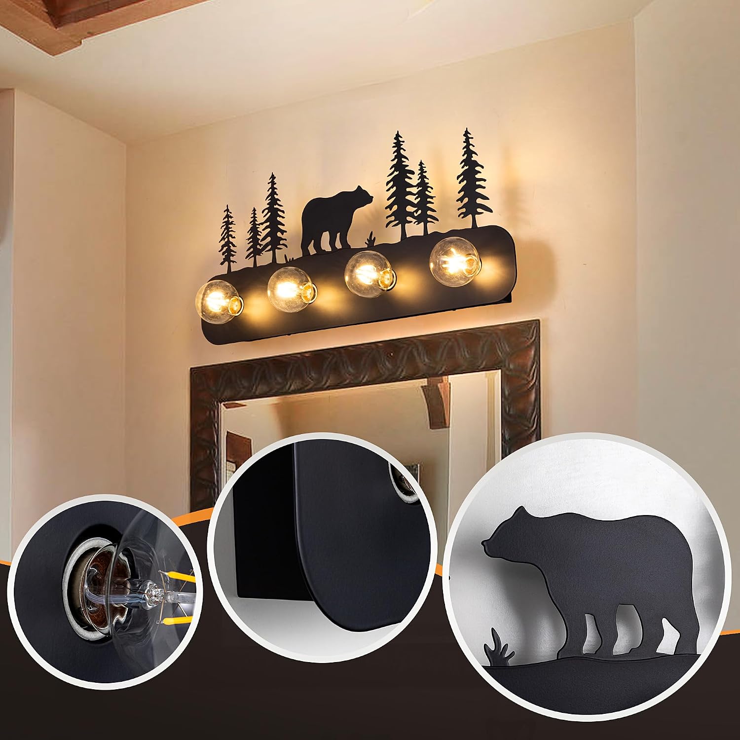 TOCHIC Rustic Bathroom Light Fixtures, 4 Lights Farmhouse Bathroom Vanity Light Over Mirror Dimmable, Western Bear Sconces Wall Lighting for Mirror Cabinets, Powder Room, Living Room, Black, 26'L