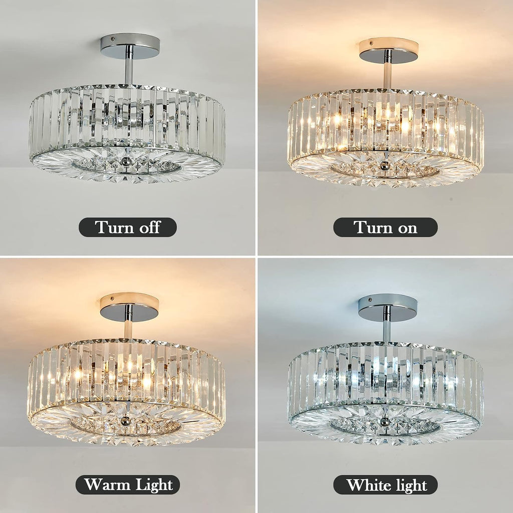Piepooye 4 Lights Modern Crystal Chandelier Chrome Round Semi Flush Mount Ceiling Light Fixture Farmhouse Chandelier for Dinning Room Living Room Bedroom Hallway Entryway Kitchen