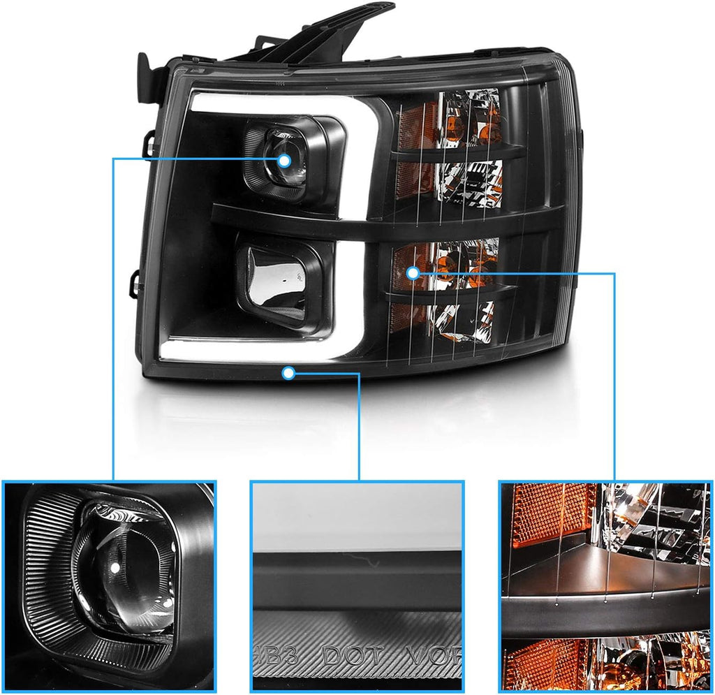 AmeriLite For 2007-2013 Chevy Silverado 1500/07-14 2500HD 3500HD Led, Halogen, Tube Quad Projector Car Headlights Assembly Set - Passenger and Driver Side, Vehicle Light Assembly, Black