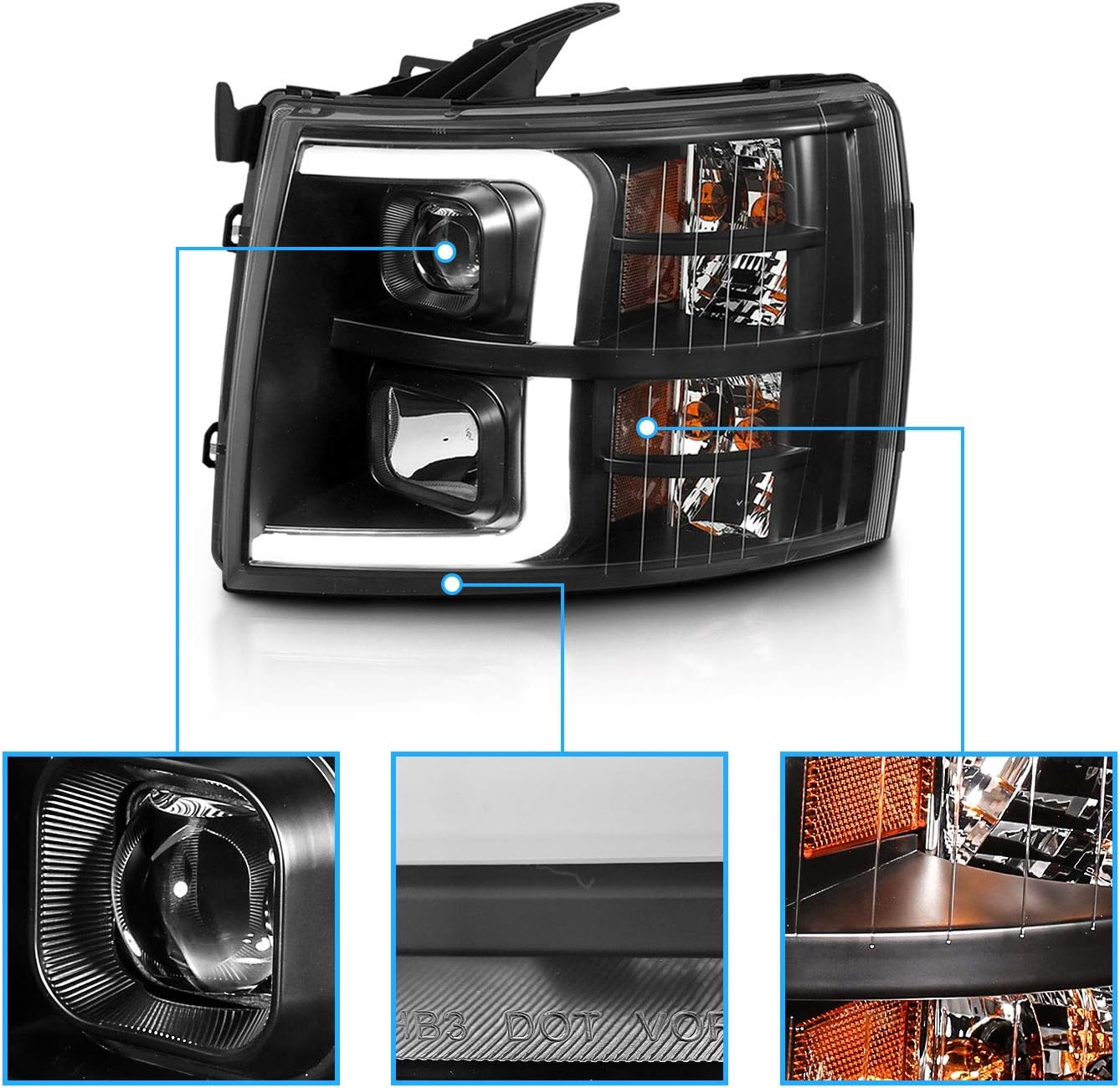 AmeriLite For 2007-2013 Chevy Silverado 1500/07-14 2500HD 3500HD Led, Halogen, Tube Quad Projector Car Headlights Assembly Set - Passenger and Driver Side, Vehicle Light Assembly, Black
