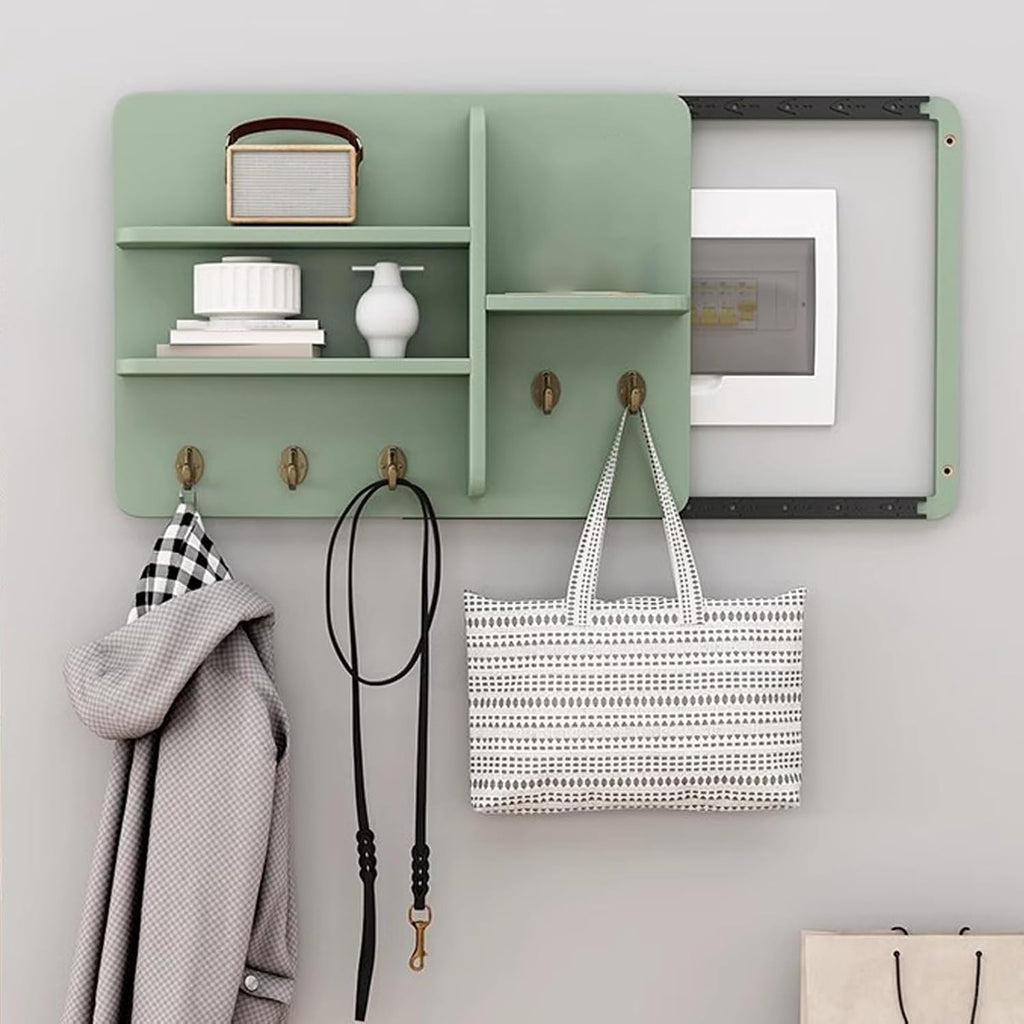 Wooden Breaker Box Cover with Shelves & Hooks, Multifunctional Indoor Fuse Box Cover for Decorative Wall, Left Sliding Meter Box Cover Farmhouse(Style/E,60x40cm(23 5/8x15 3/4'))