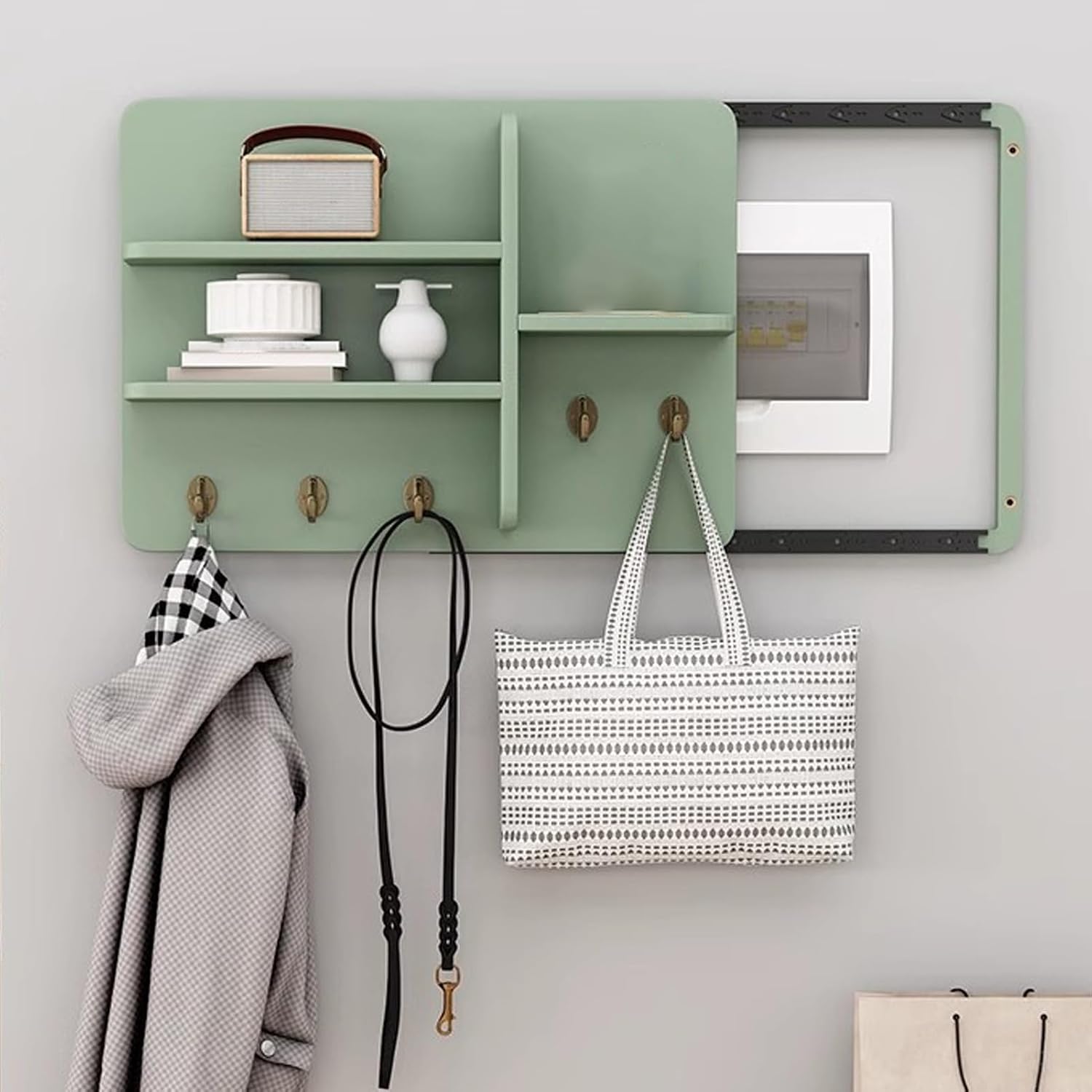 Wooden Breaker Box Cover with Shelves & Hooks, Multifunctional Indoor Fuse Box Cover for Decorative Wall, Left Sliding Meter Box Cover Farmhouse(Style/E,60x40cm(23 5/8x15 3/4'))
