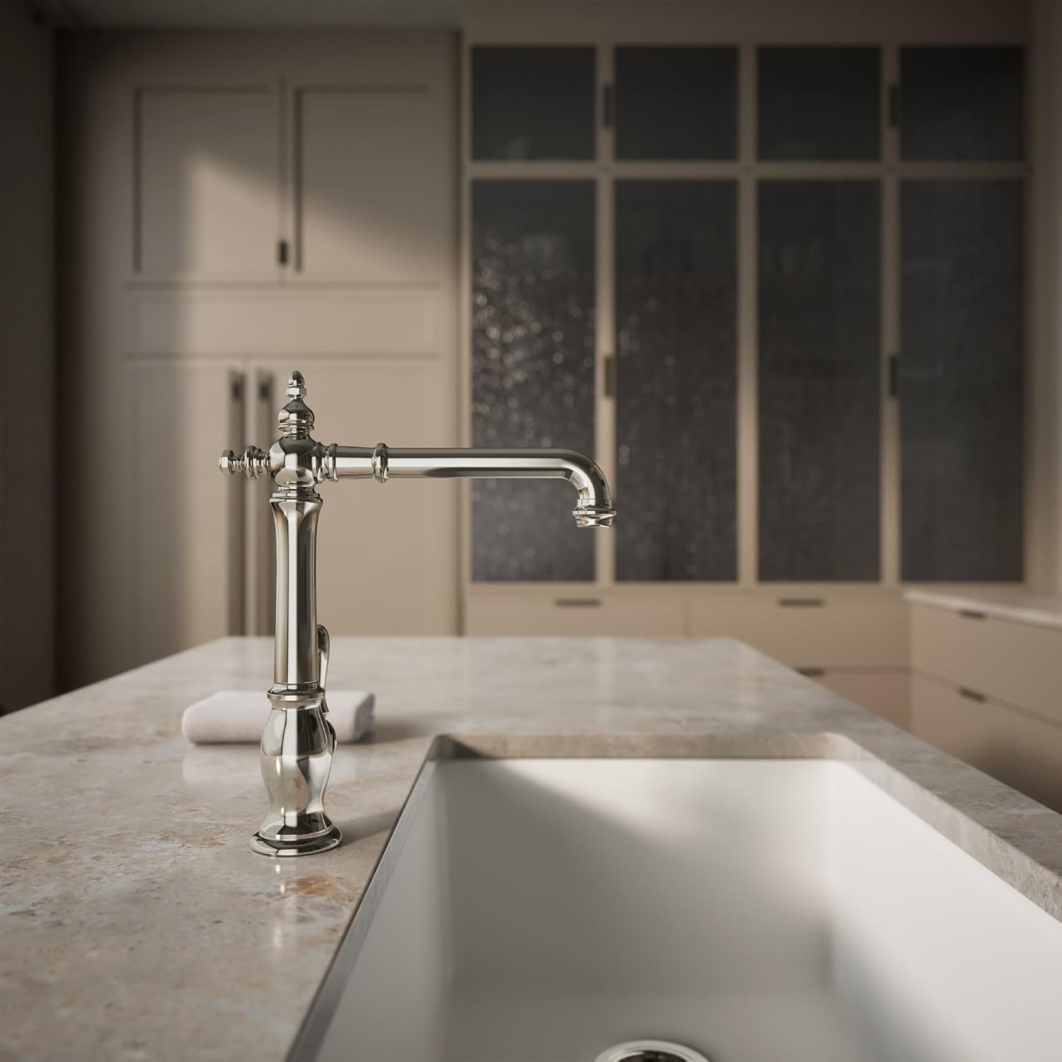 KOHLER K-99266-VS Artifacts Single-Hole Kitchen Sink Faucet with 13-1/2 In. Swing Spout and Victorian Spout Design, Vibrant Stainless