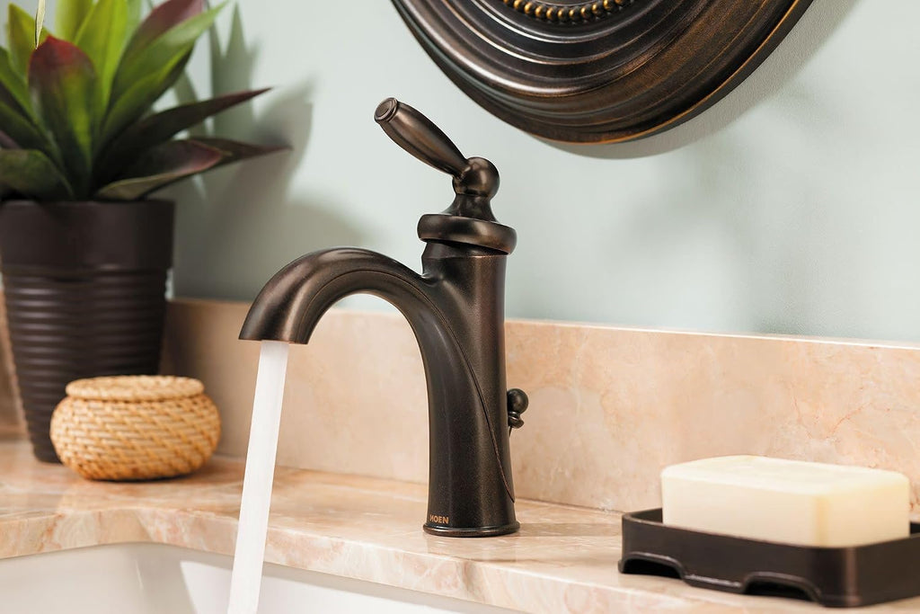 Moen Brantford Oil-Rubbed Bronze One-Handle Traditional Low-Arc Bathroom Faucet with Optional Deckplate and Available Vessel Sink Extension Kit, 6600ORB