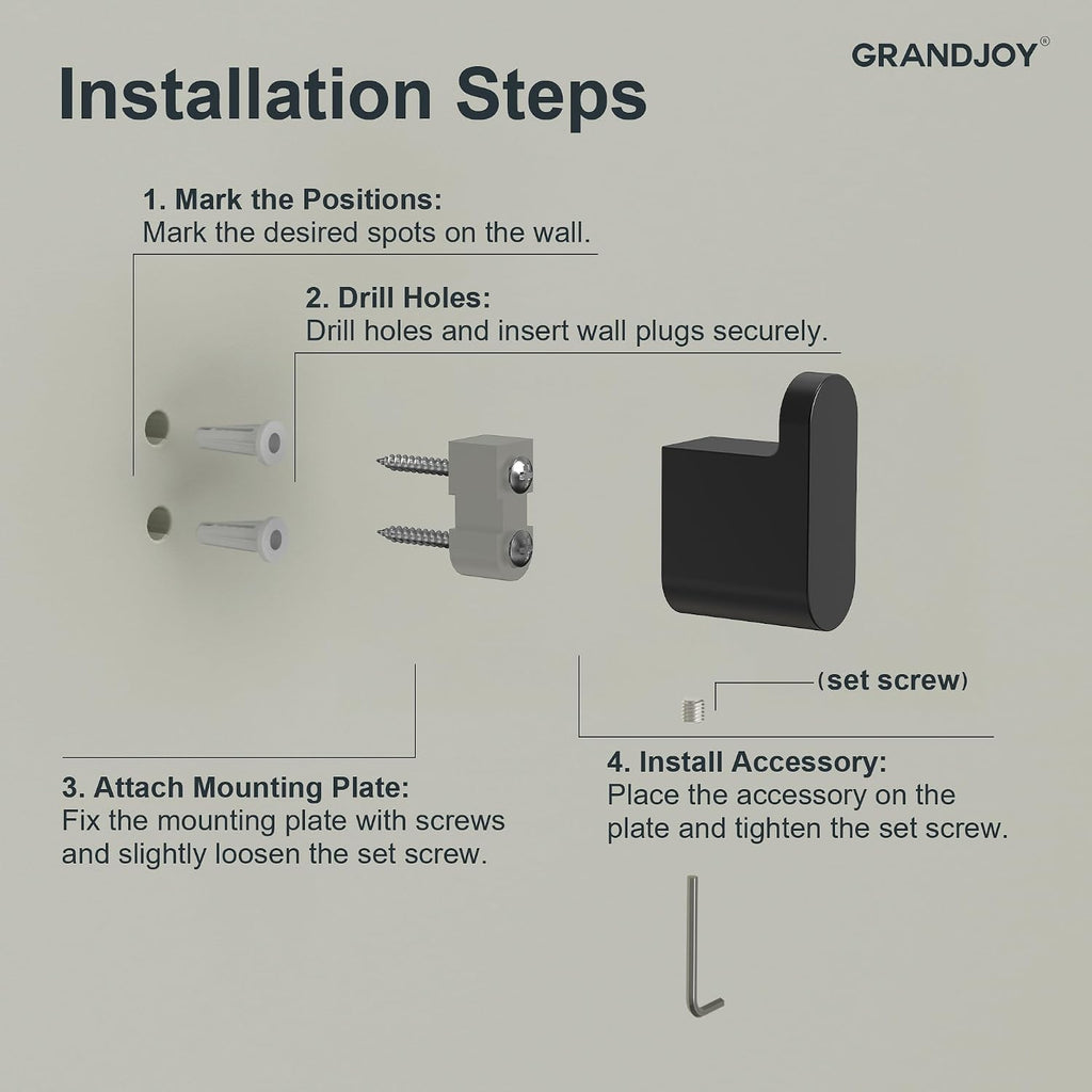 Bathroom Hardware Set 4 Piece Wall Mount Zinc Alloy with Towel Bar Toilet Paper Holder Hook Matte Black