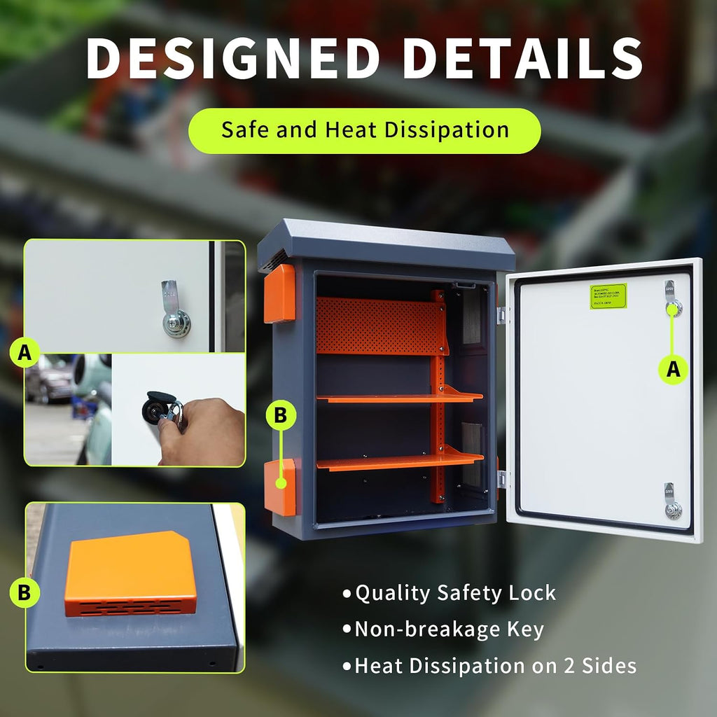 Metal Nema Enclosure with Rain Hood Weatherproof Junction Electric Breaker Box with Fan-Vent Design Electrical Cabinet with Mounting Track Hole in Back 20X24X12