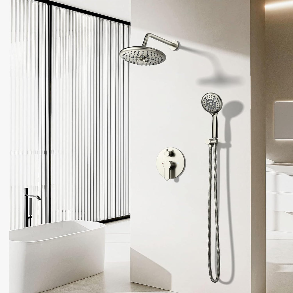 EMBATHER Shower Faucet Sets - Overhead Rain Head Shower System with High Pressure Handheld Complete Combo and Mixer Valve Trim Kit - Brushed Nickel Rainfall Shower Fixture for Luxury Bathroom