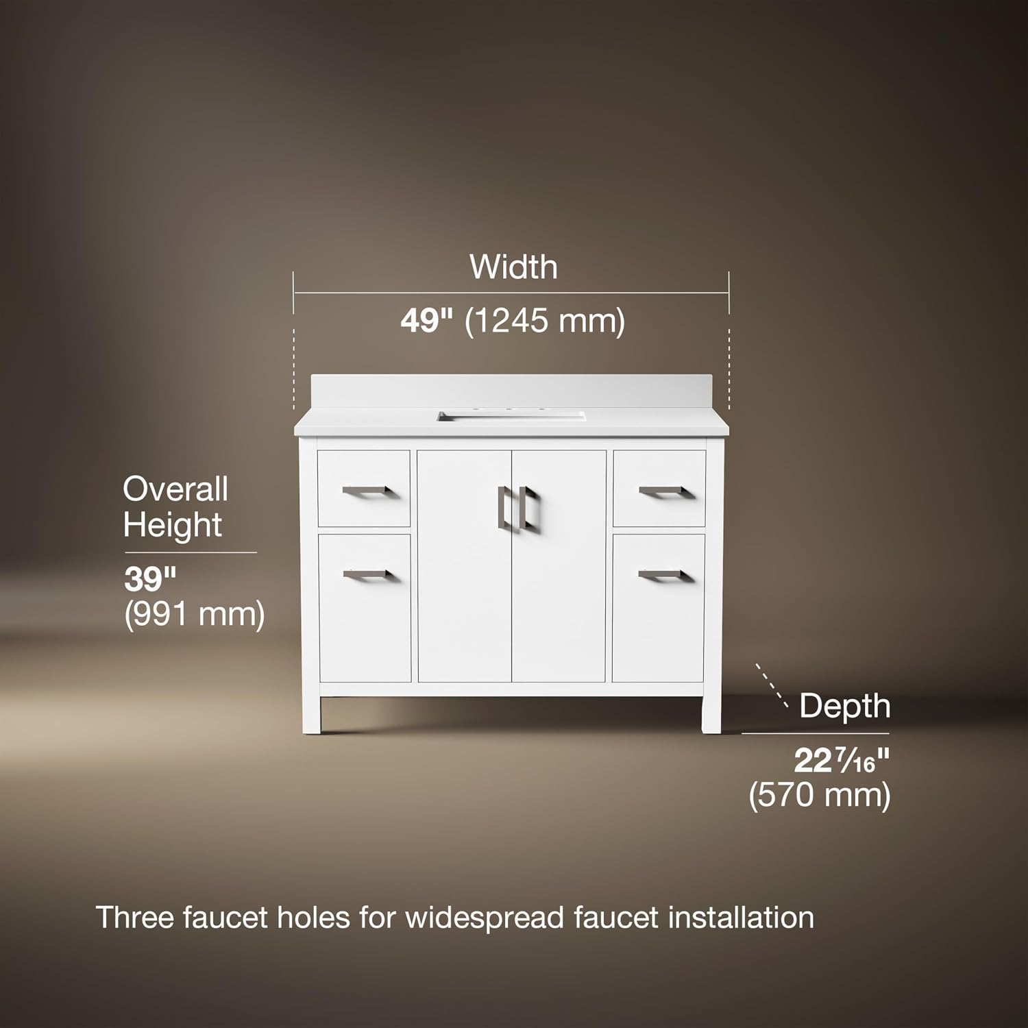 Kohler Kresla 48 Inch Bathroom Vanity Cabinet with White Single Sink and Quartz Top, Modern Bathroom Storage, White