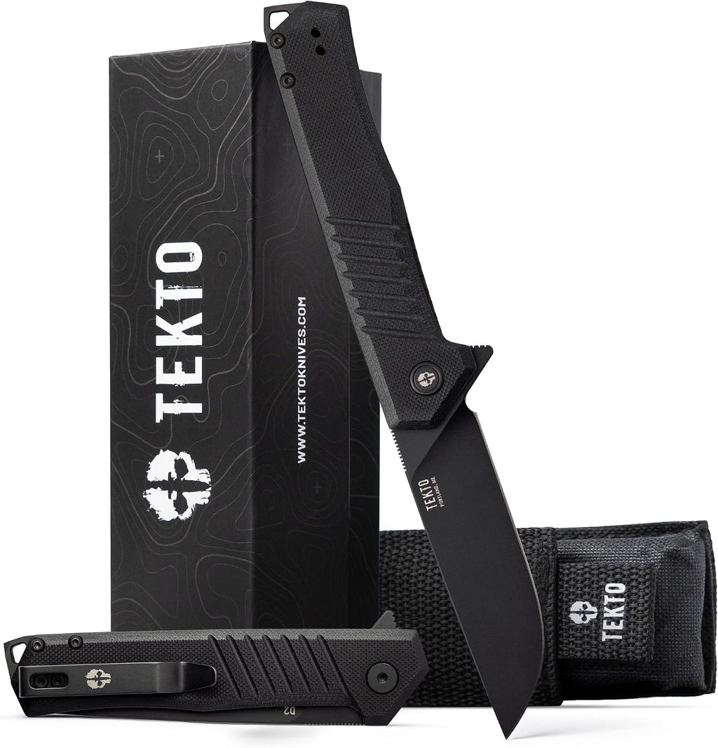 TEKTO F1 Alpha Folding Pocket Knife - Modified Straight Back Blade, Titanium Coated D2 Steel, Tactical Knife, EDC Folding Pocket Knives for Camping, Hunting & Backpacking - G10 Black, Black Accents