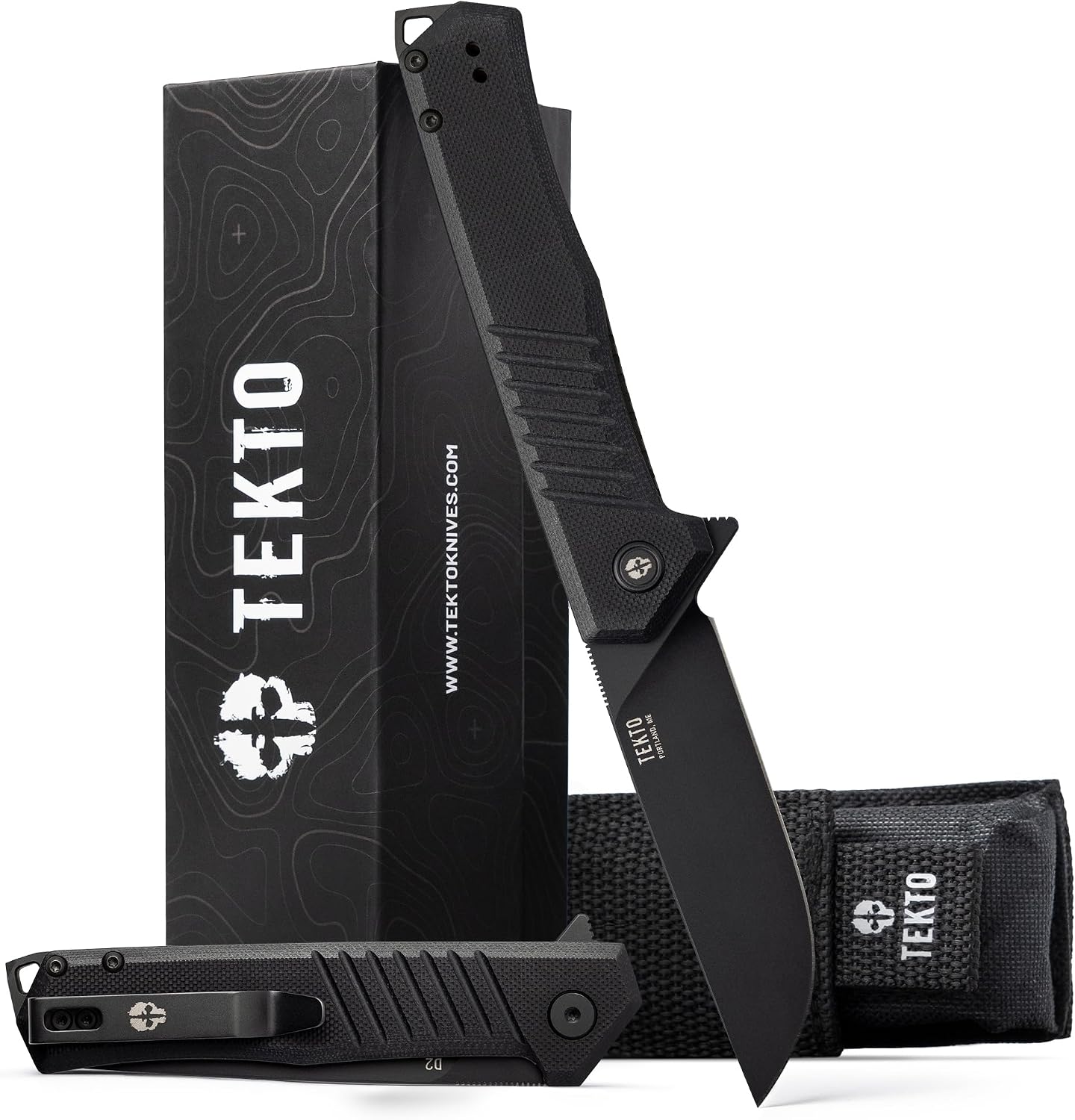 TEKTO F1 Alpha Folding Pocket Knife - Modified Straight Back Blade, Titanium Coated D2 Steel, Tactical Knife, EDC Folding Pocket Knives for Camping, Hunting & Backpacking - G10 Black, Black Accents