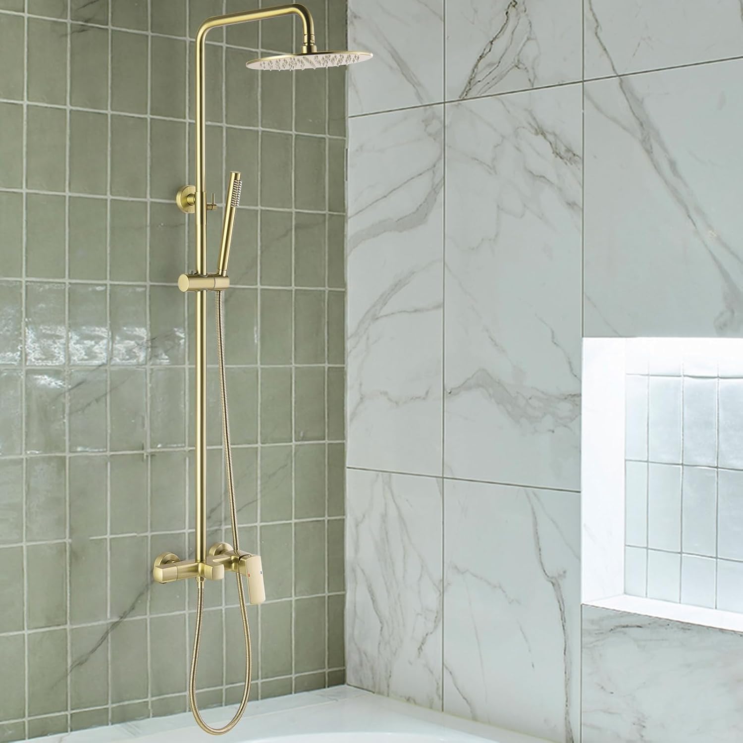 RBROHANT Exposed Shower System with Tub Spout, Brushed Gold Exposed Pipe Shower Faucet with 3 Functions Brass Shower Valve, Shower Height Adjustable, Wall Mounted