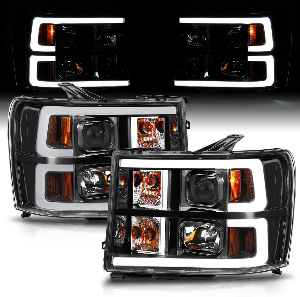 AmeriLite for 2007-2014 GMC Sierra 1500 2500 3500 Dual C-Type LED Tube Square Projector Black Replacement Headlight Pair - Passenger and Driver Side