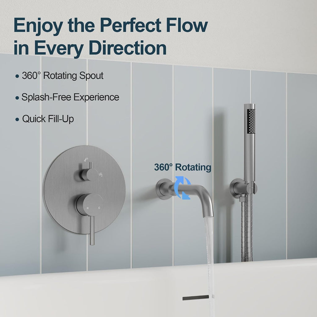 Brushed Nickel Wall Mount Bathtub Faucet with Handheld Shower, High Flow Tub Filler, Solid Brass Rough-in Valve Included, Single Handle Bathroom Fixture