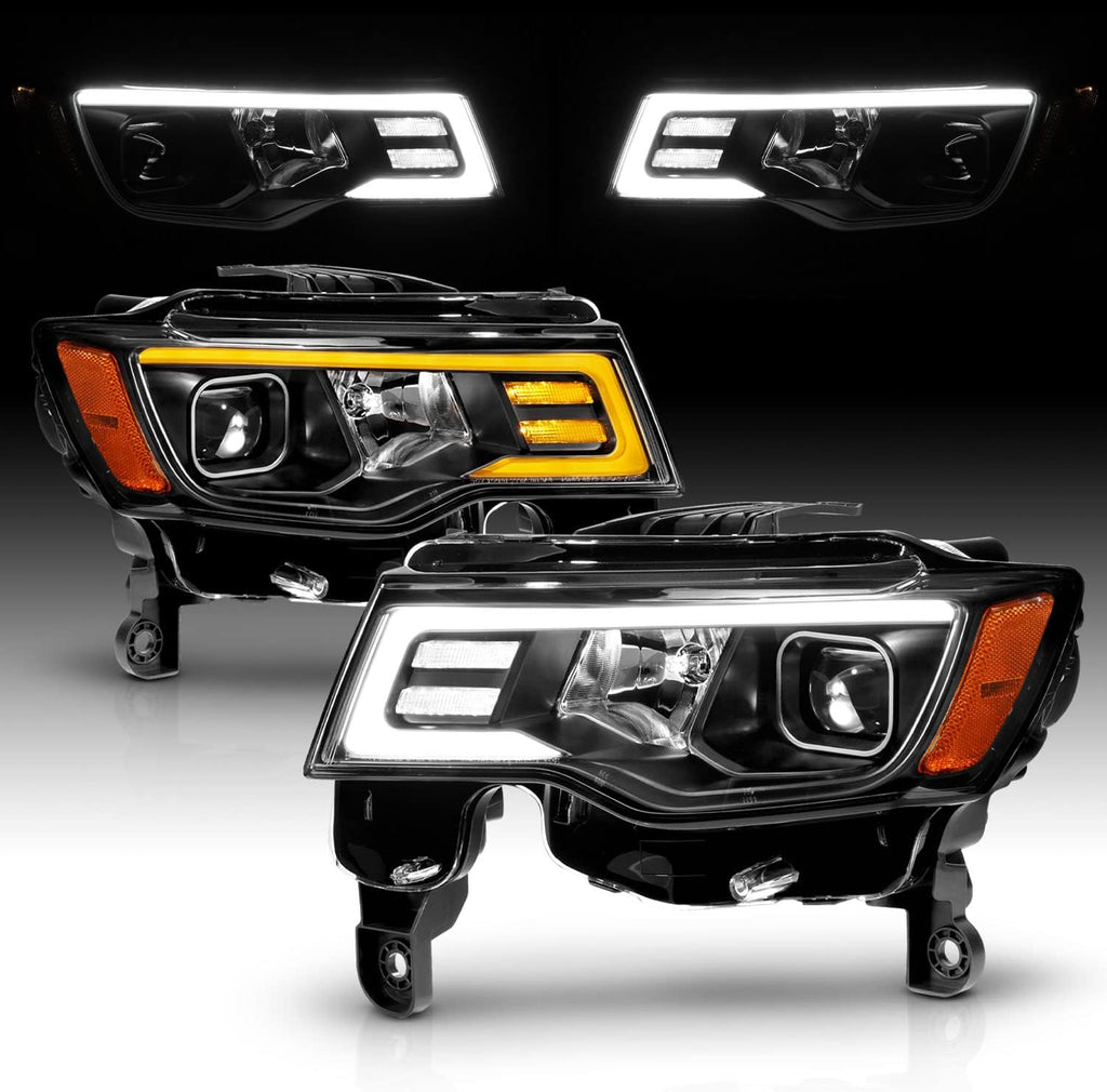 AmeriLite for 2017-2022 Jeep Grand Cherokee Switchback LED Bar Square Projector Black Headlights Assembly Set- Passenger and Driver Side