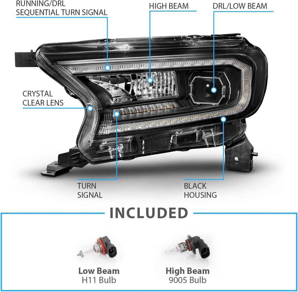 AmeriLite for 2019-2022 Ford Ranger XL/XLT Pickup Switchback LED Sequential Signal Tube Black Square Projector Headlight Set - Passenger and Driver Side