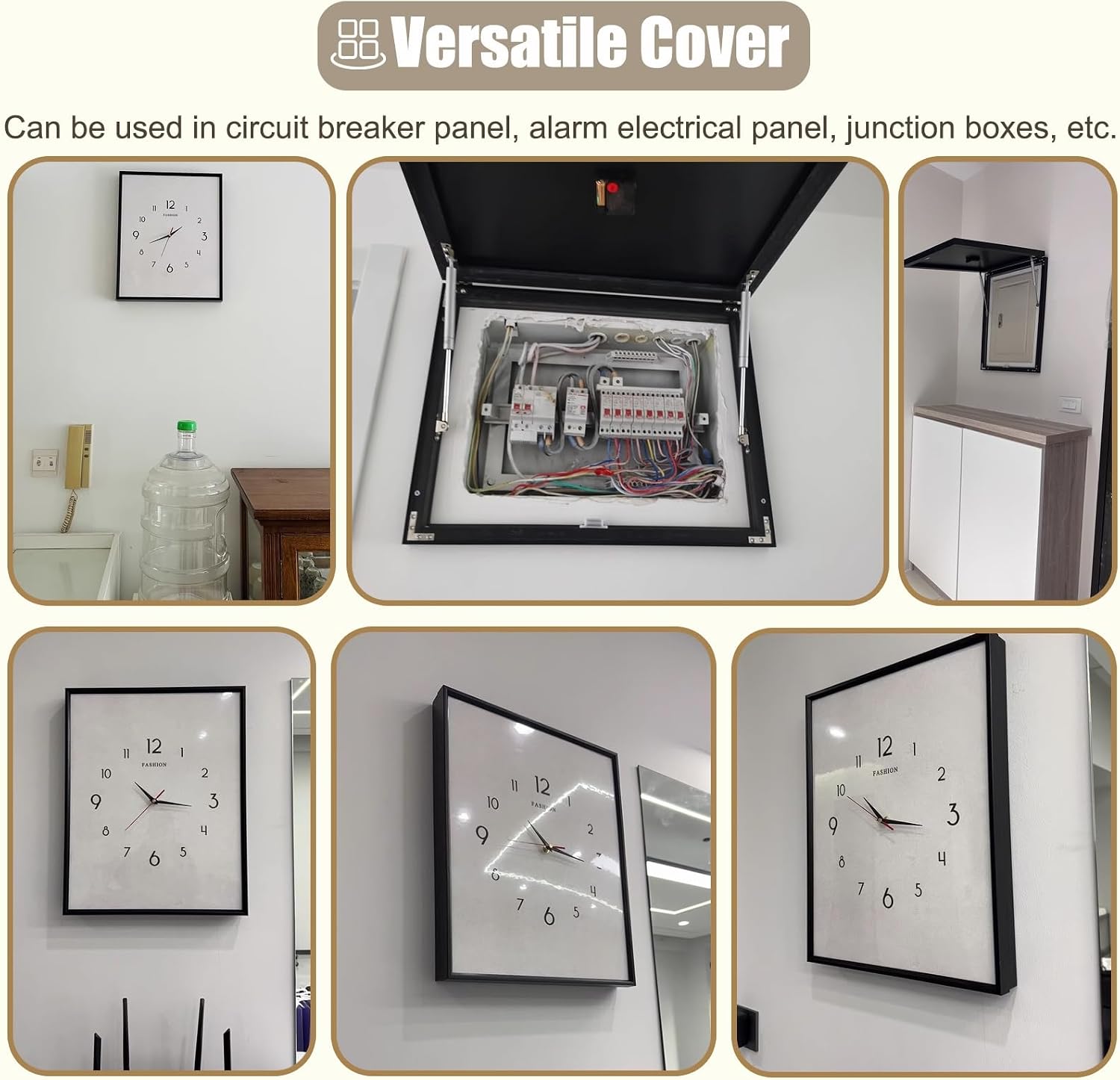 Vertical Breaker Box Cover with Clock, White Electrical Panel Lid with Crystal Panel, Decorative Electric Meter Box Plate for Fuse Box/Junction Box(Light Coffee,40x55cm(15 3/4x21 5/8in))