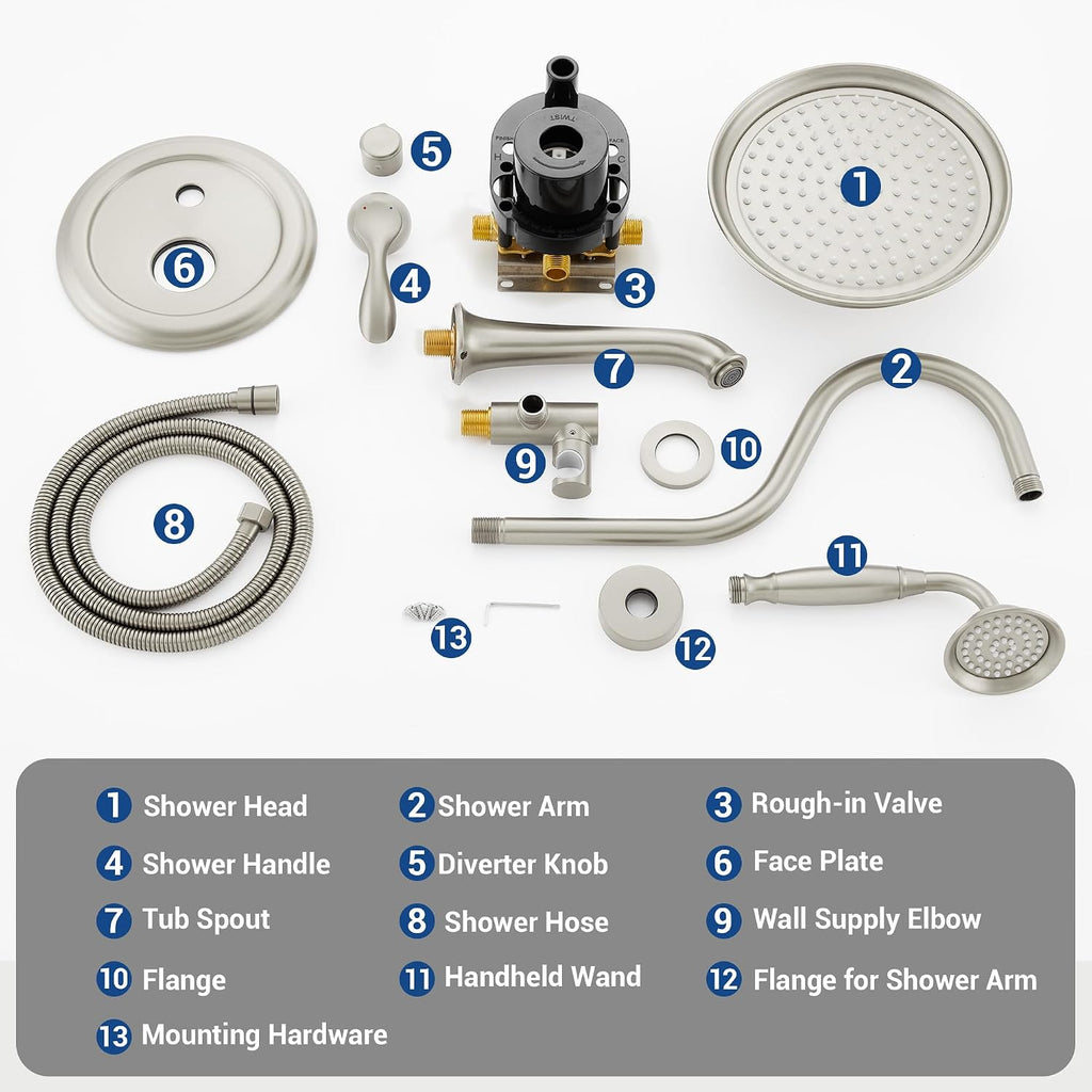 DASAN Brushed Nickel Shower System with Tub Spout, Tub and Shower Faucet Combo Set with Valve & Trim Kit Bathtub Shower Faucet Set Bathtub Shower System with Rainfall Shower Head & Handheld, AT309W-BN