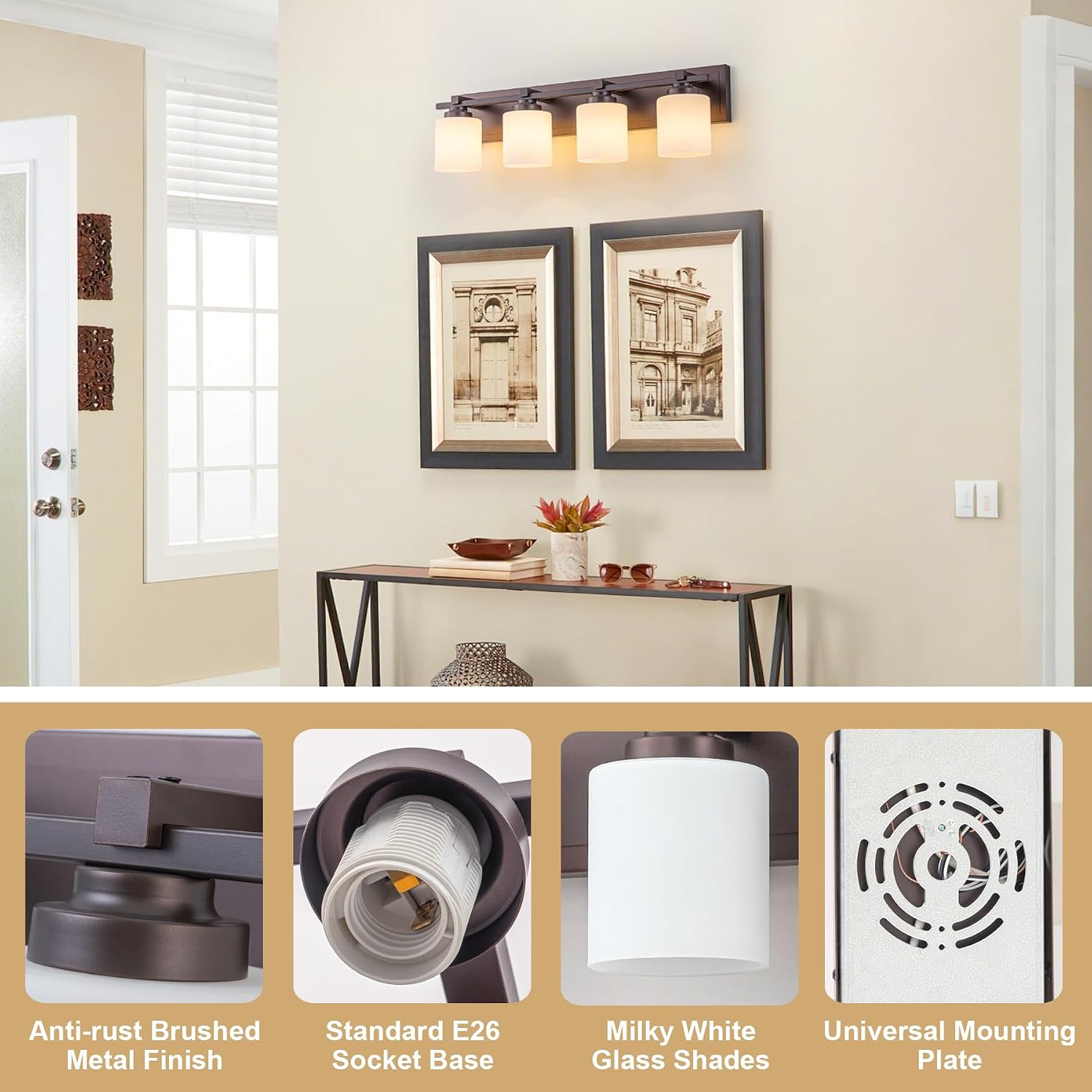 Modern Bathroom Light Fixtures Over Mirror, Vanity Lights for Bathroom Wall Sconces with Milky White Glass Shades, E26 Socket (Bulbs Not Included), 4 Light, Oil Rubbed Bronze