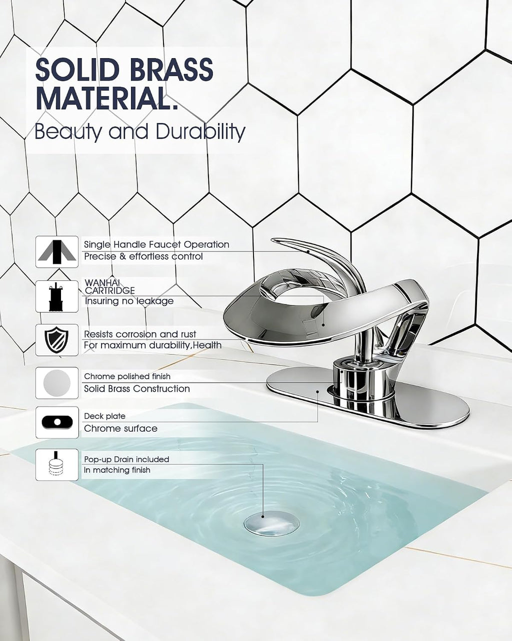 Elegant Bathroom Sink Faucet Single Hole,AUU Waterfall Chrome Vanity Sink Faucet Solid Brass,Single Handle Lavatory Basin Tap with Pop Up Drian Supply Line (Chrome, Short)