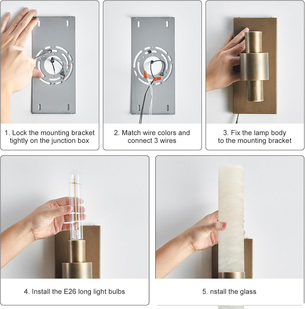 Natural Alabaster Wall Sconce, Brass Wall Sconce, Modern Bronze Marble Sconce, Rust Resistant Vintage Indoor Vanity Wall Light, Lighting for Bathroom Living Room Dining Room Kitchen Bedroom Hallway