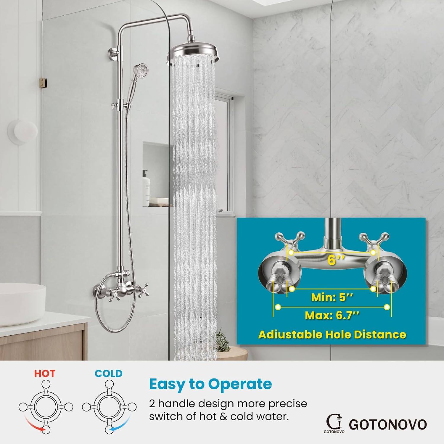 gotonovo Bathroom Exposed Shower Fixtures 8 Inch Rain Showerhead Double Cross Handles 2 Function Wall Mount Shower Faucet Set, Brass Handheld Spray, Brushed Nickel