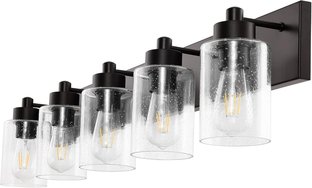JONATHAN Y 36' Oil Rubbed Bronze/Clear 5-Light Modern LED Vanity Light for Bathroom Mirror, Mid-Century Wall Sconce with Clear Seeded Glass Shades, Contemporary Iron Fixture, LED Bulbs (JYL7620E)