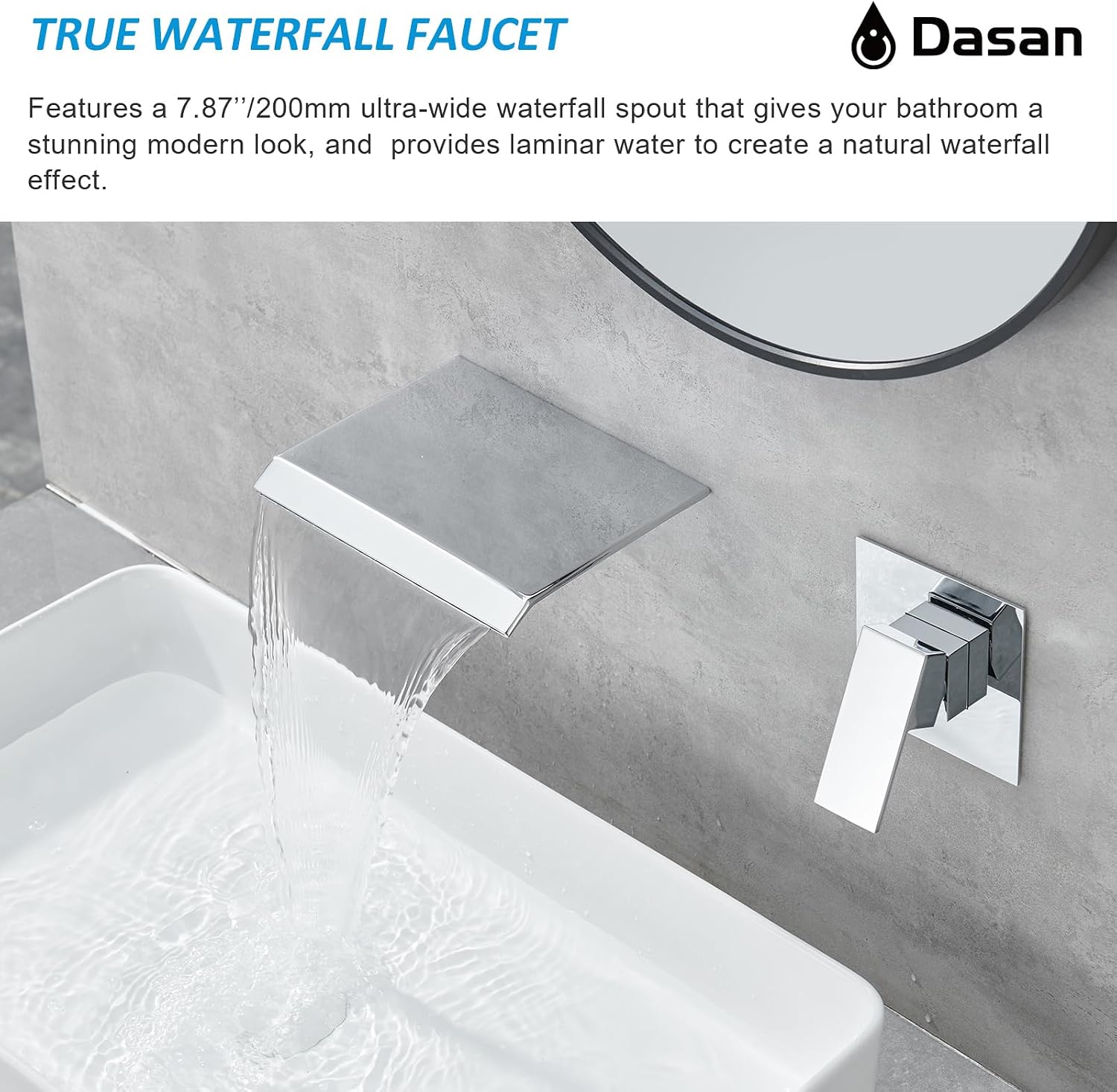 DASAN Wall Mount Waterfall Bathroom Faucet Polished Chrome in Wall Sink Faucet, Single Handle Wall Mounted Modern Faucet for Bathroom with Upgraded Rough in Valve, DA-TFD3CH-NH