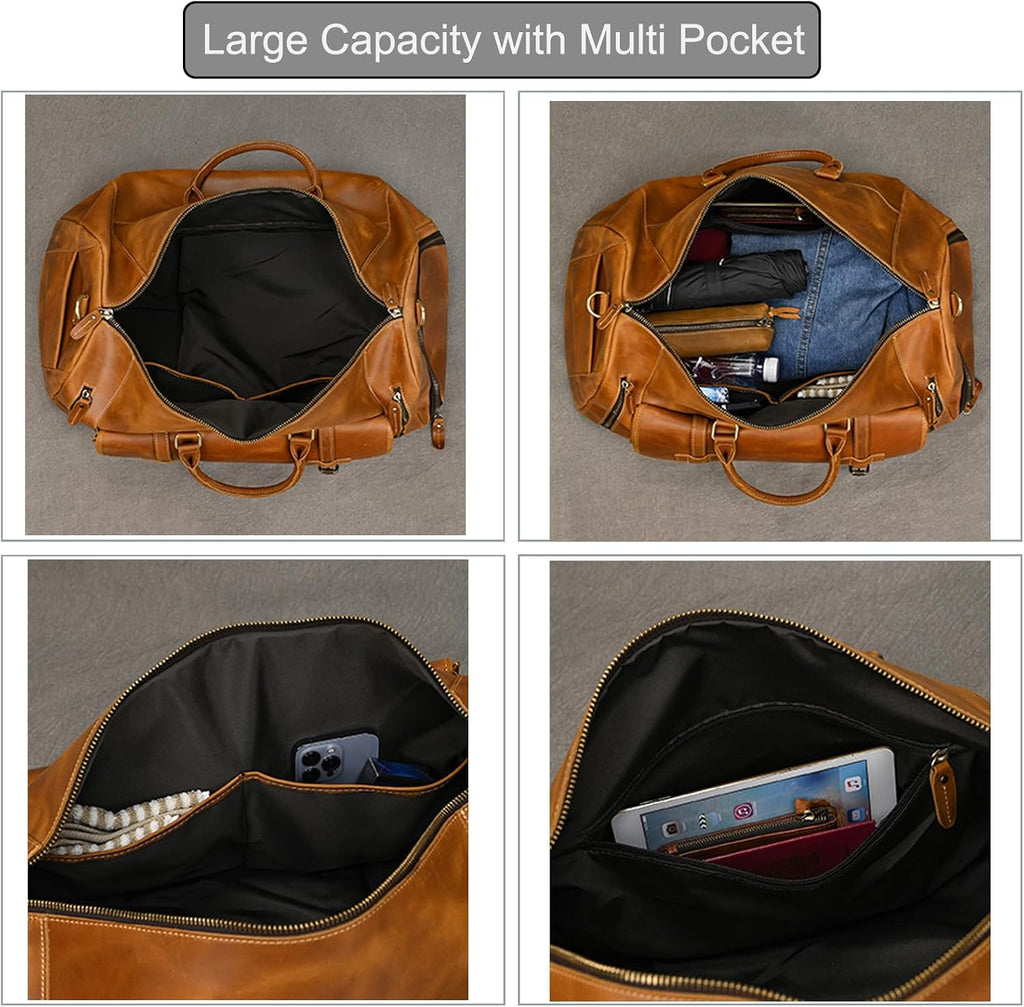 LUUFAN Full-grain Genuine Leather Travel Bag Large Capacity Duffel Luggage Bag with Shoe Compartment, Men Women Shoulder Bag for Weekend Holiday Business Trip, Light Brown