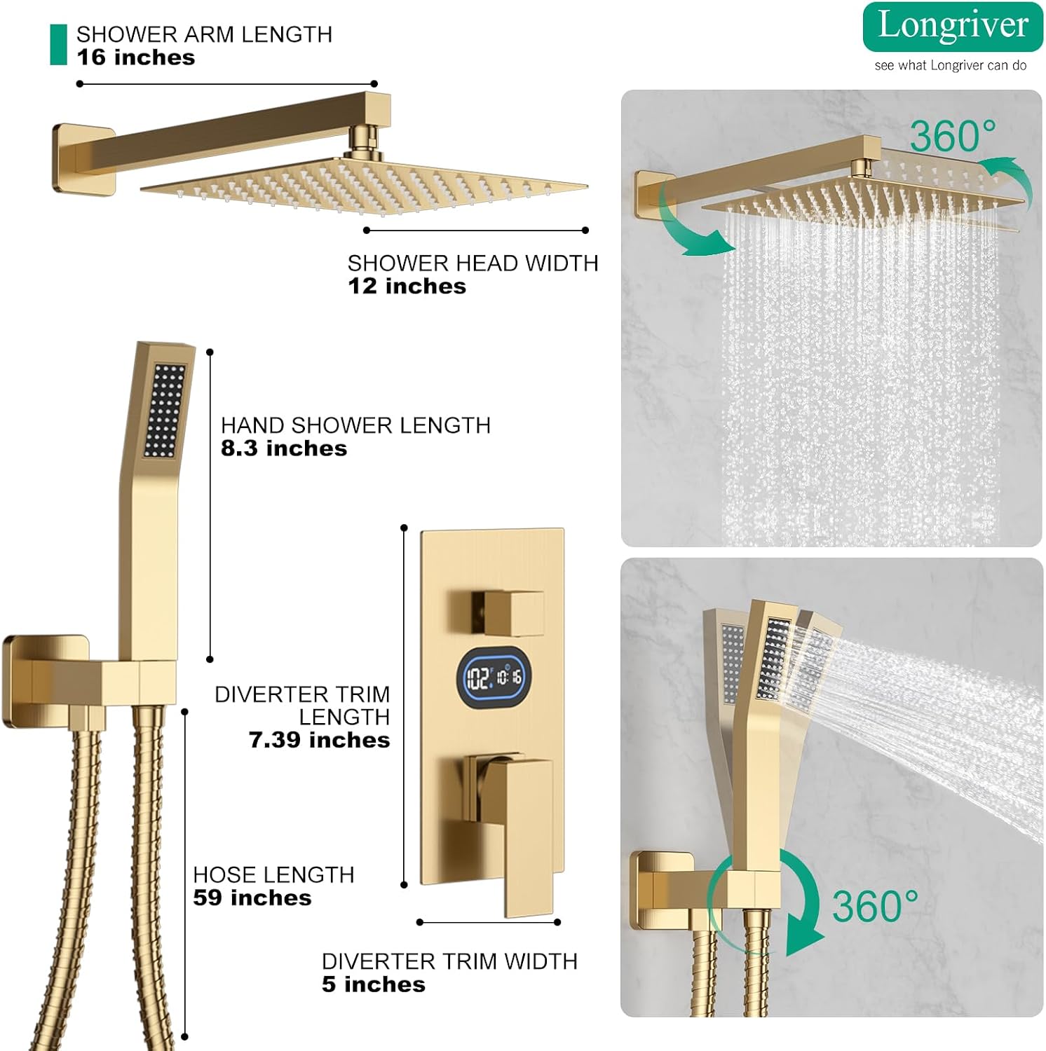Shower Faucet Set with Hydro Power Temperature Display, Shower System Bathroom 12 Inches Shower Head with Handheld Spray, Wall Mounted Shower Fixtures with Shower Valve and Trim Kit, Brushed Gold