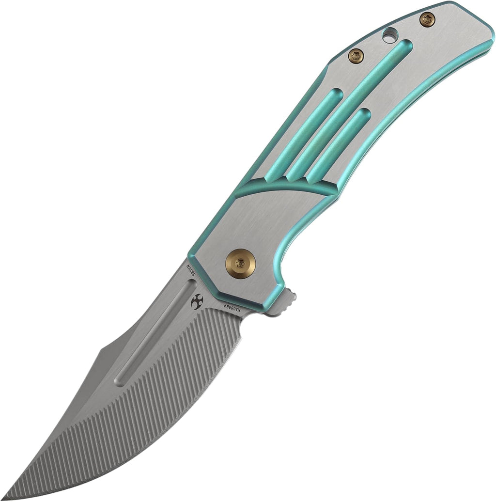 KANSEPT Orion Pocket Knife, 3.07' Machine Satin S35VN Blade with Blood Groove and Green Anodized Titanium Handle Both Crafted with CNC Milling, Flipper EDC Folding Knife for Camping, Hunting K1089B4