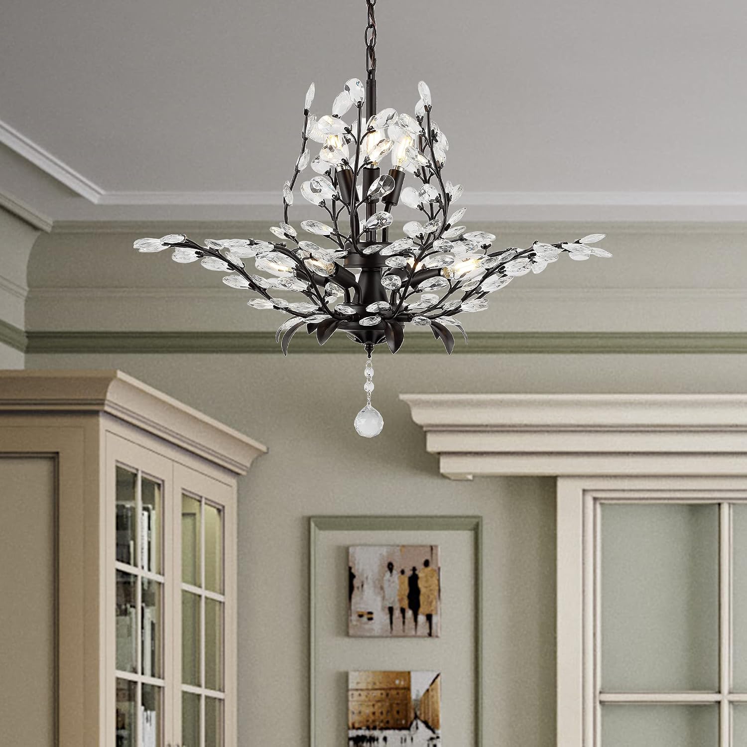 JONATHAN Y 28.5' Oil Rubbed Bronze/Clear 7-Light Bohemian Pendant Light, Vintage LED Branch Ceiling Fixture for Kitchen Island Bedroom Bathroom, Clear Acrylic Crystals (JYL9549A)
