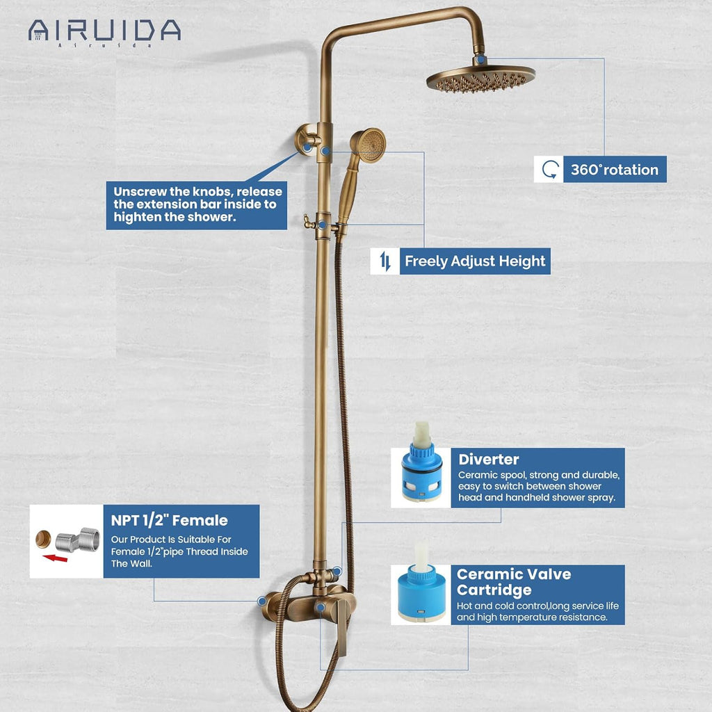 Airuida Exposed Shower System, 8 Inch Rainfall Shower Head with Handheld Spray, Single Handle Wall Mount Shower Faucet Set, Solid Brass Dual Function Exposed Pipe Fixture for Bathroom,Antique Brass