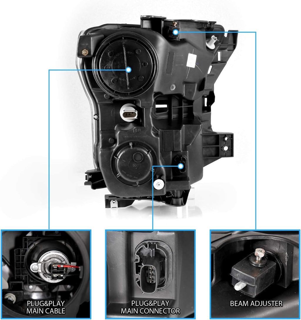 AmeriLite for 2015-2017 Ford F150 Truck Chrome LED Tube Dual Square Projector Replacement Headlights Assembly Pair - Driver and Passenger Side
