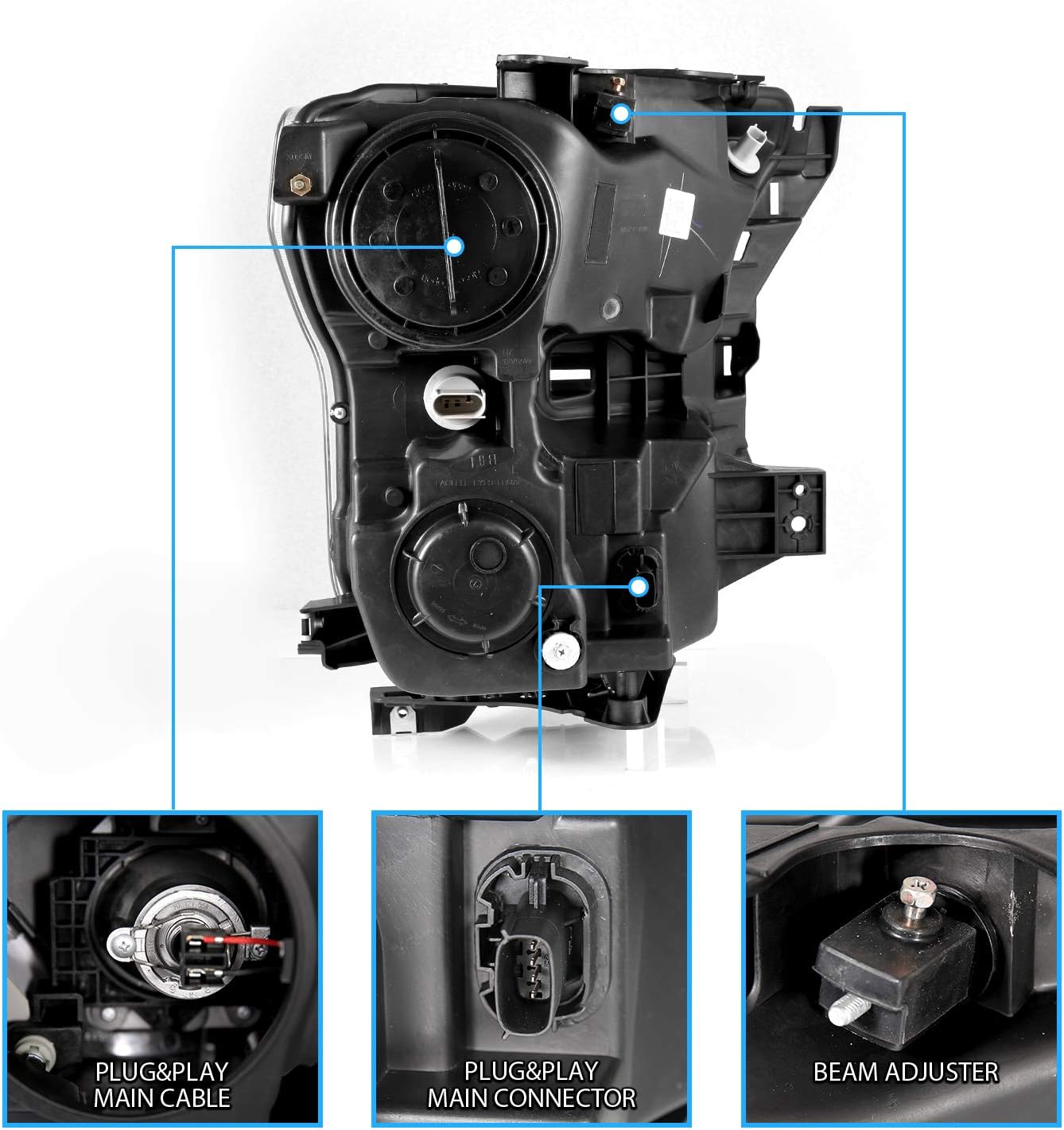 AmeriLite for 2015-2017 Ford F150 Truck Chrome LED Tube Dual Square Projector Replacement Headlights Assembly Pair - Driver and Passenger Side