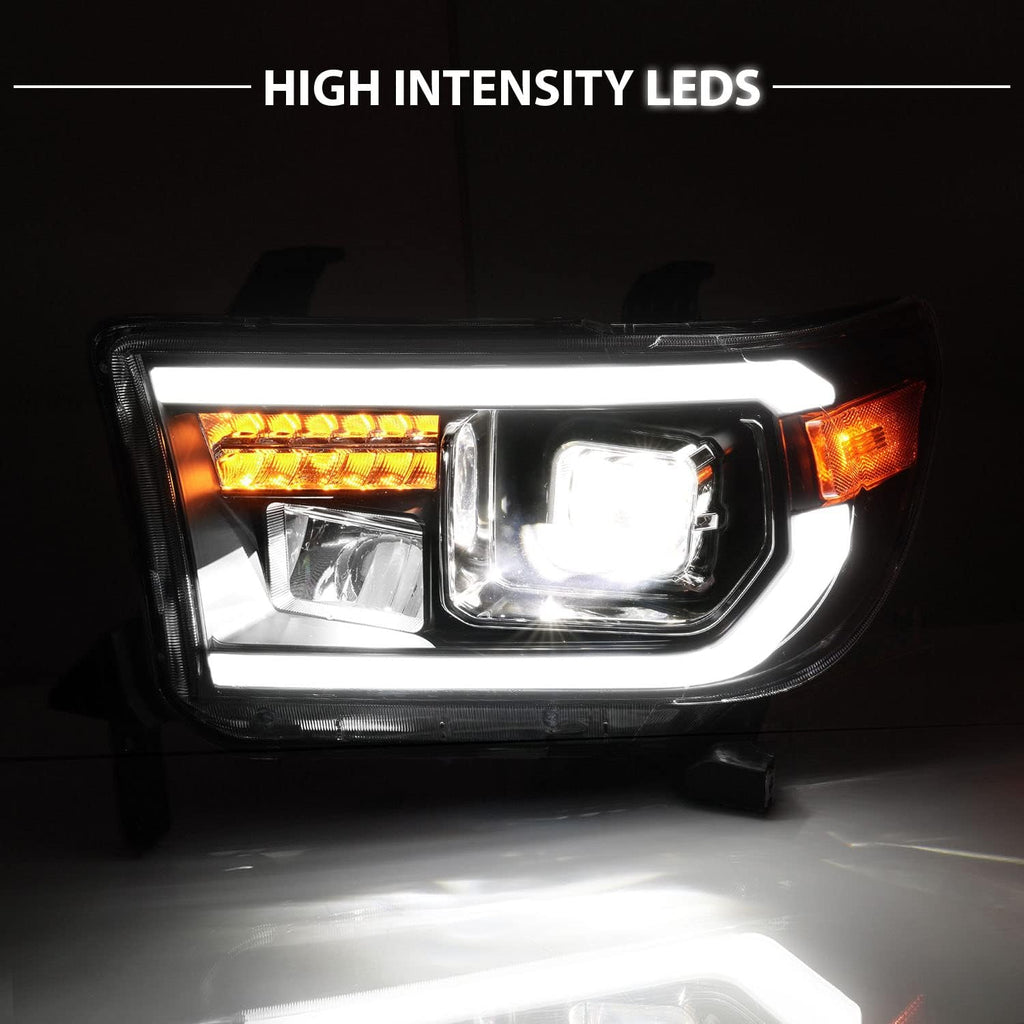 AmeriLite for 2007-2013 Toyota Tundra | 2008-2017 Sequoia [Full LED] Light Tube DRL Turn Signal Square Projector Headlight Set - Passenger and Driver Side