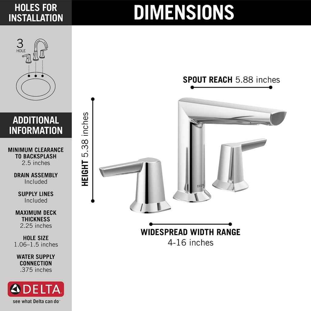 Delta Faucet Galeon Chrome Widespread Bathroom Faucet 3 Hole, Chrome Bathroom Faucet for Bathroom Sink, Bathroom Sink Faucet with Diamond Seal Technology, Lumicoat Chrome 3571-PR-MPU-DST
