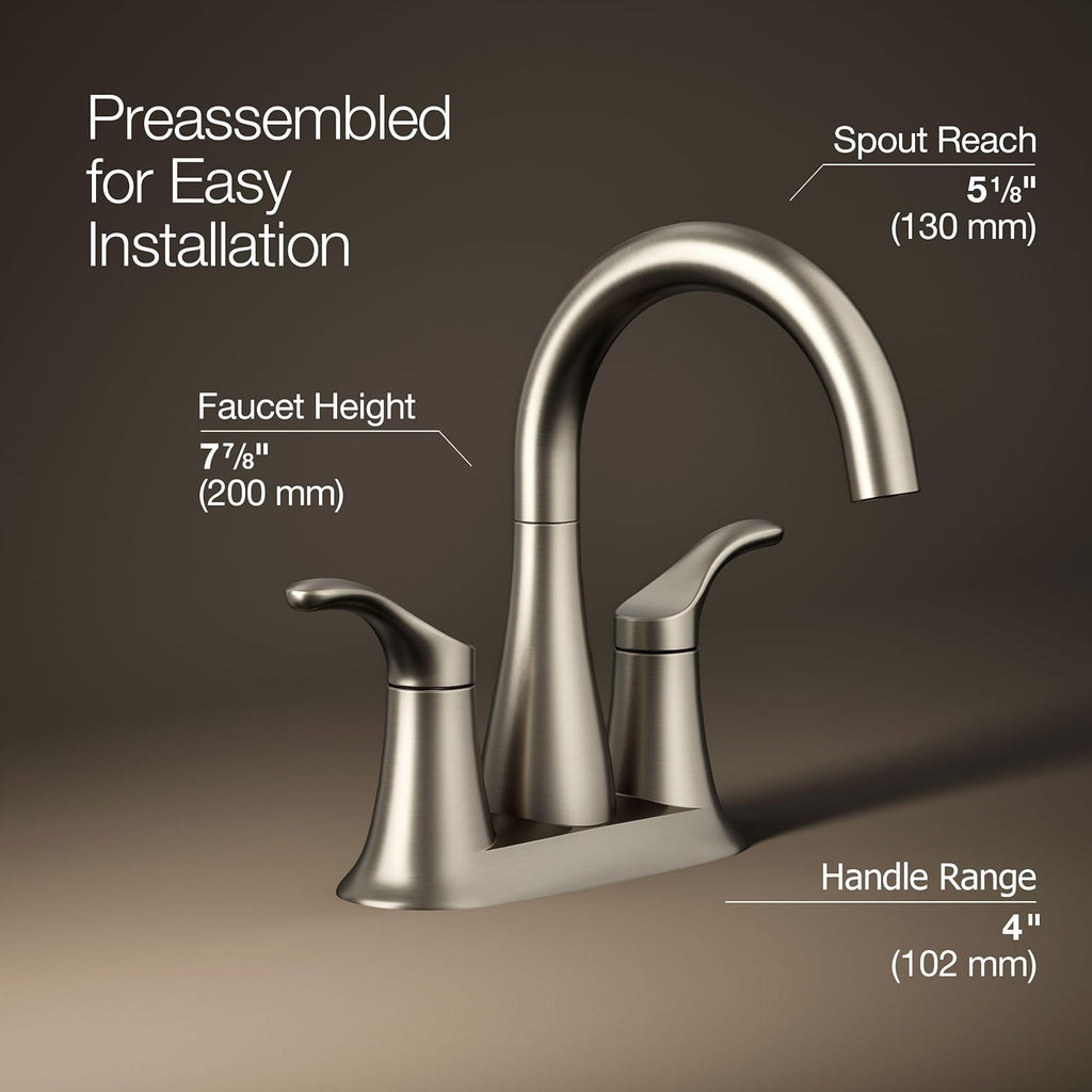 KOHLER K-27388-4-BN Simplice® Centerset Bathroom Sink Faucet, Bathroom Faucet 3-Hole Installation with Two Lever Handles and Clicker Drain, 1.2 GPM, Vibrant Brushed Nickel