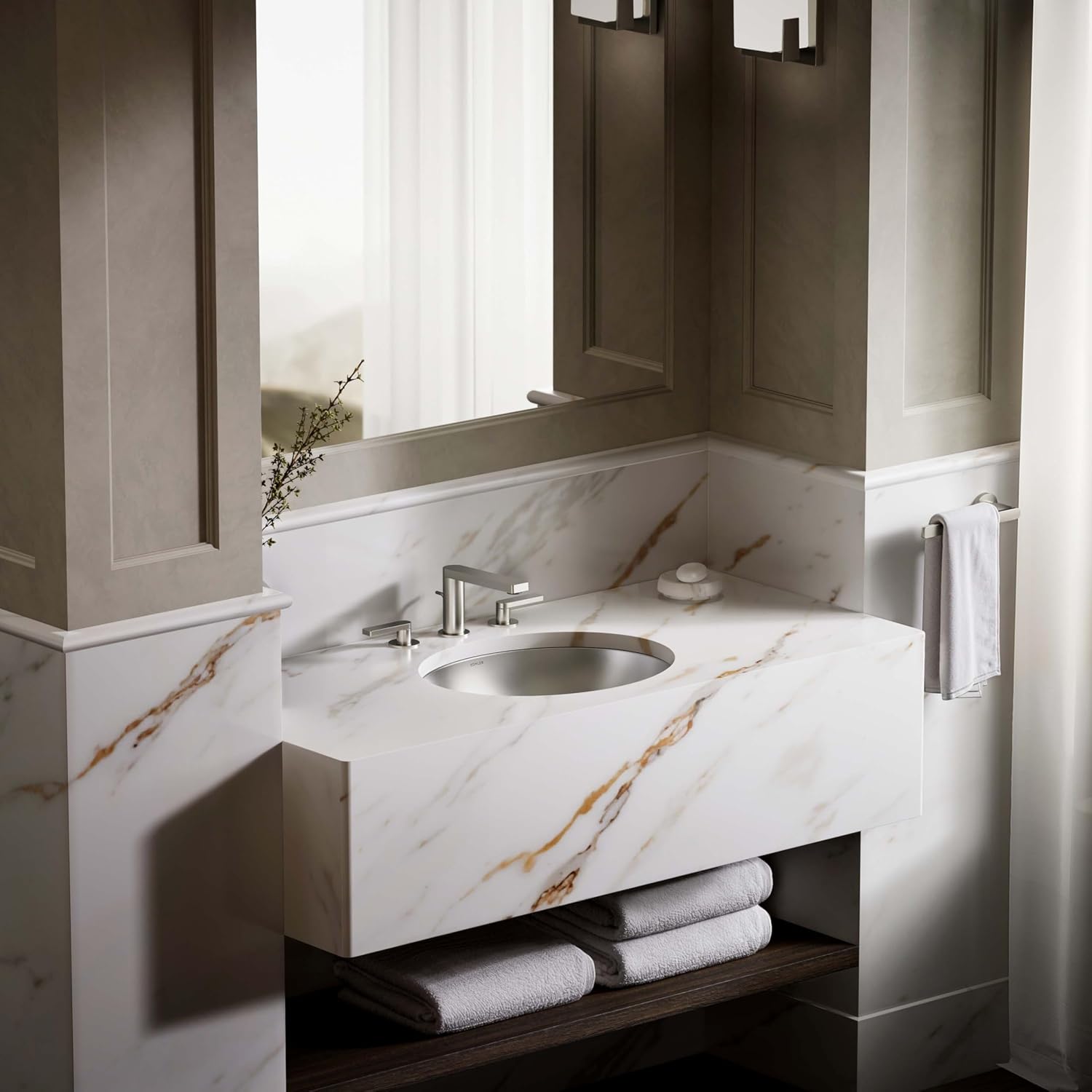 KOHLER K-2608-SU-NA Bachata Drop-In/Undermount Bathroom Sink with Luster Finish, Without Overflow, Stainless Steel