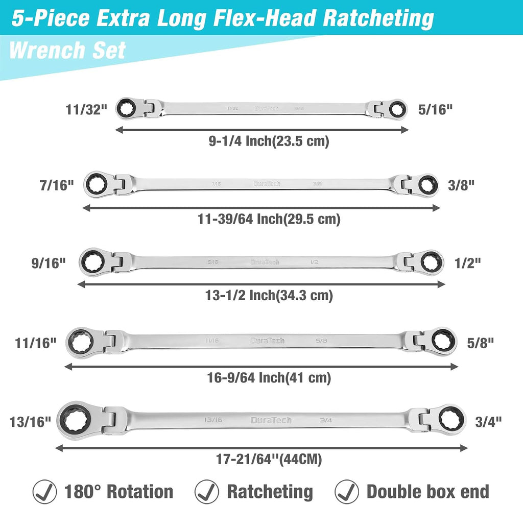 DURATECH 11-Piece Extra Long Flex-Head Ratcheting Wrench Set, Metric&SAE