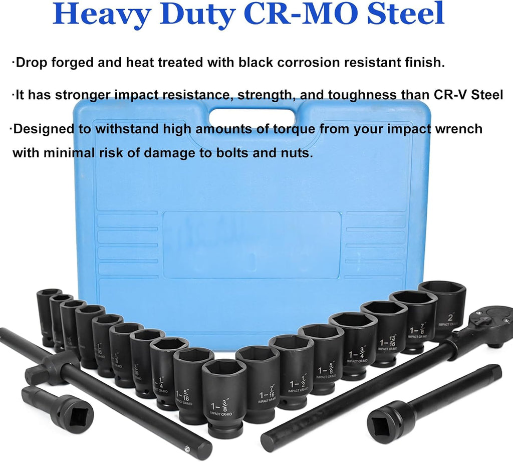 22-Pieces 3/4' DR Drive Deep Impact Socket Set, 6-Point (7/8-Inch - 2-Inch) SAE 22pc Jumbo Impact Socket Set, with Impact Adapter, Ratchet Wrench Extension Rod, Sliding Bar & Carrying Case (09090#)