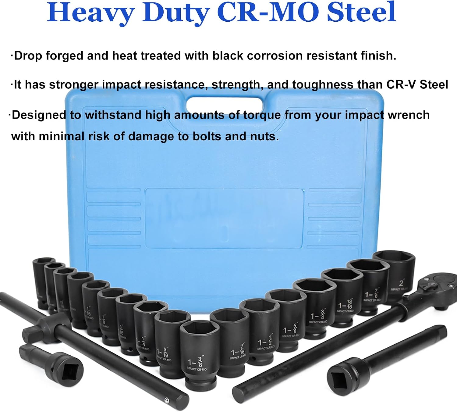 22-Pieces 3/4' DR Drive Deep Impact Socket Set, 6-Point (7/8-Inch - 2-Inch) SAE 22pc Jumbo Impact Socket Set, with Impact Adapter, Ratchet Wrench Extension Rod, Sliding Bar & Carrying Case (09090#)